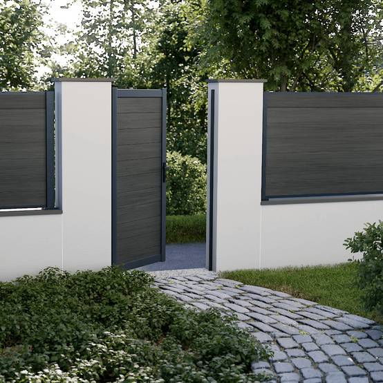Kit Portillon Composite CRUZ Ardoise - Hauteur : 183cm - Largeur max : 120 cm - Largeur ajustable - Compatible clôture CRUZ - Image 1