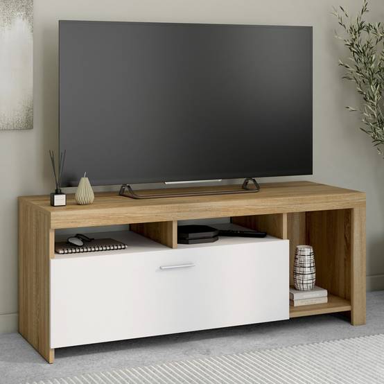 Meuble TV 110 cm MALO bois et placard blanc - Image 1