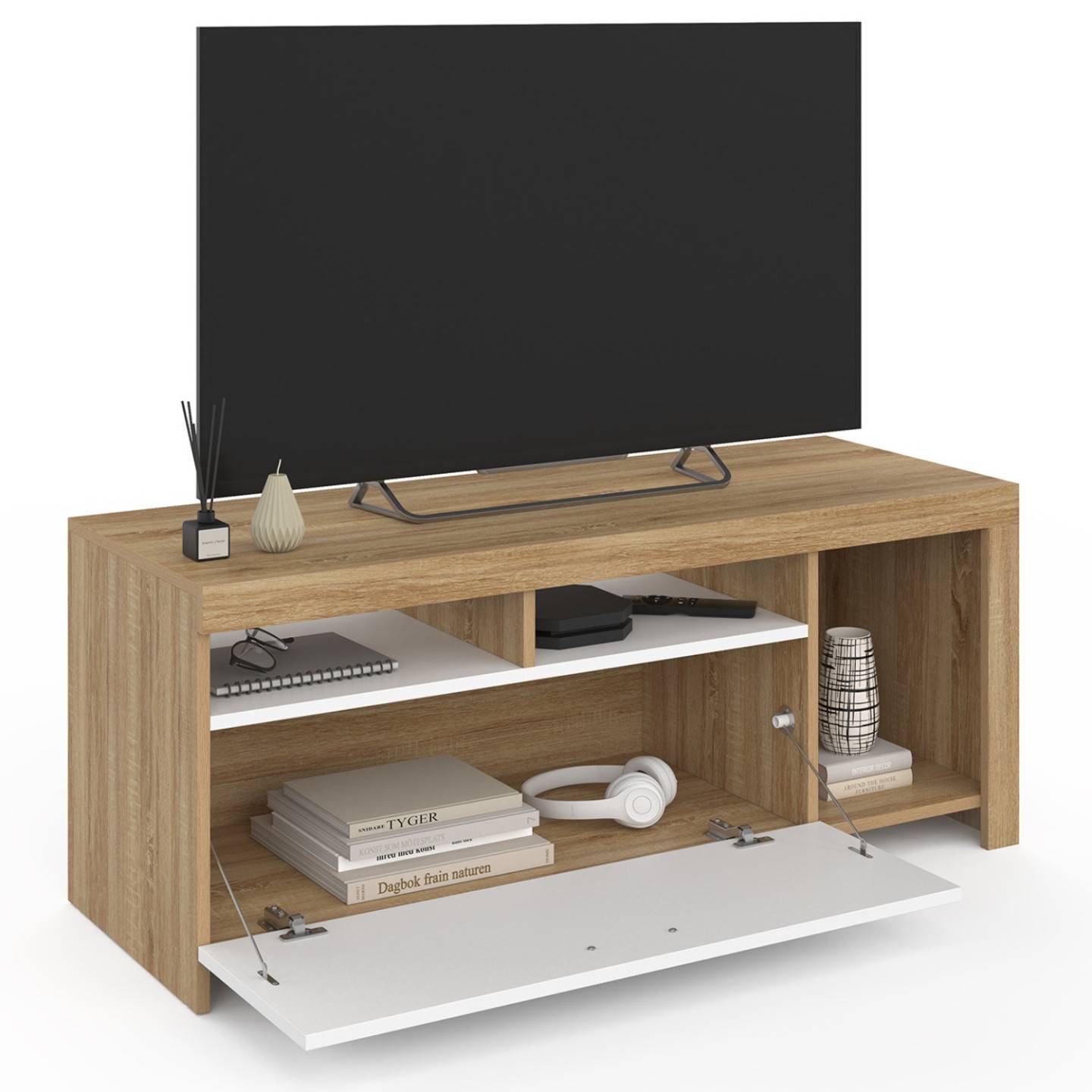 Meuble TV 110 cm MALO bois et placard blanc - Image 4