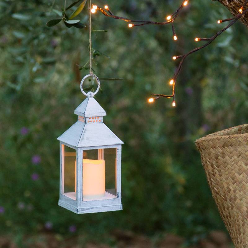 Lotti - Lanterne carrée en plastique et verre blanc antique avec Bougie LED BLANC CHAUD Lotti - Imagen 1