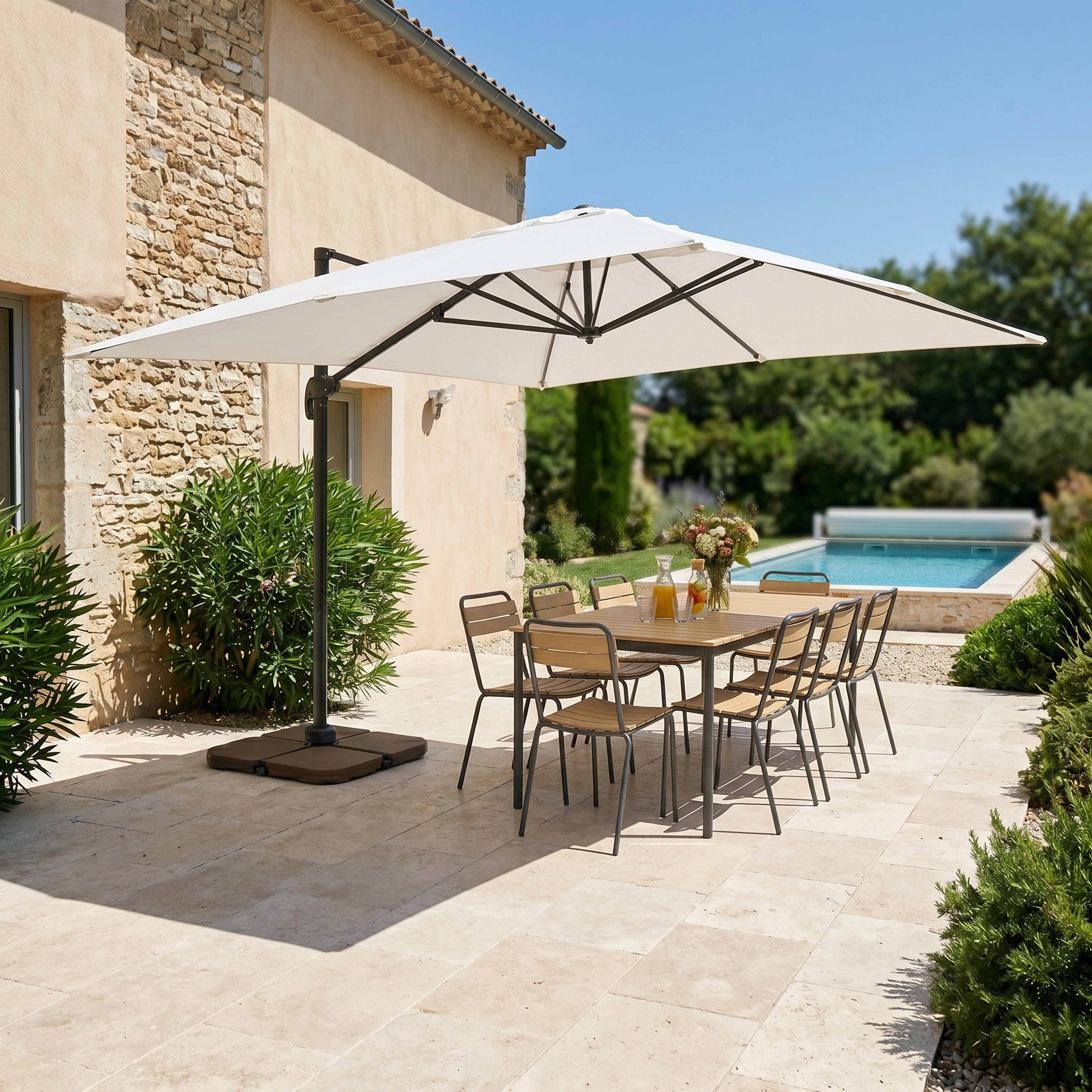 Oviala - Parasol déporté 4x3 m 360° inclinable + 4 dalles à lester blanc Caserta - Oviala - Image 2