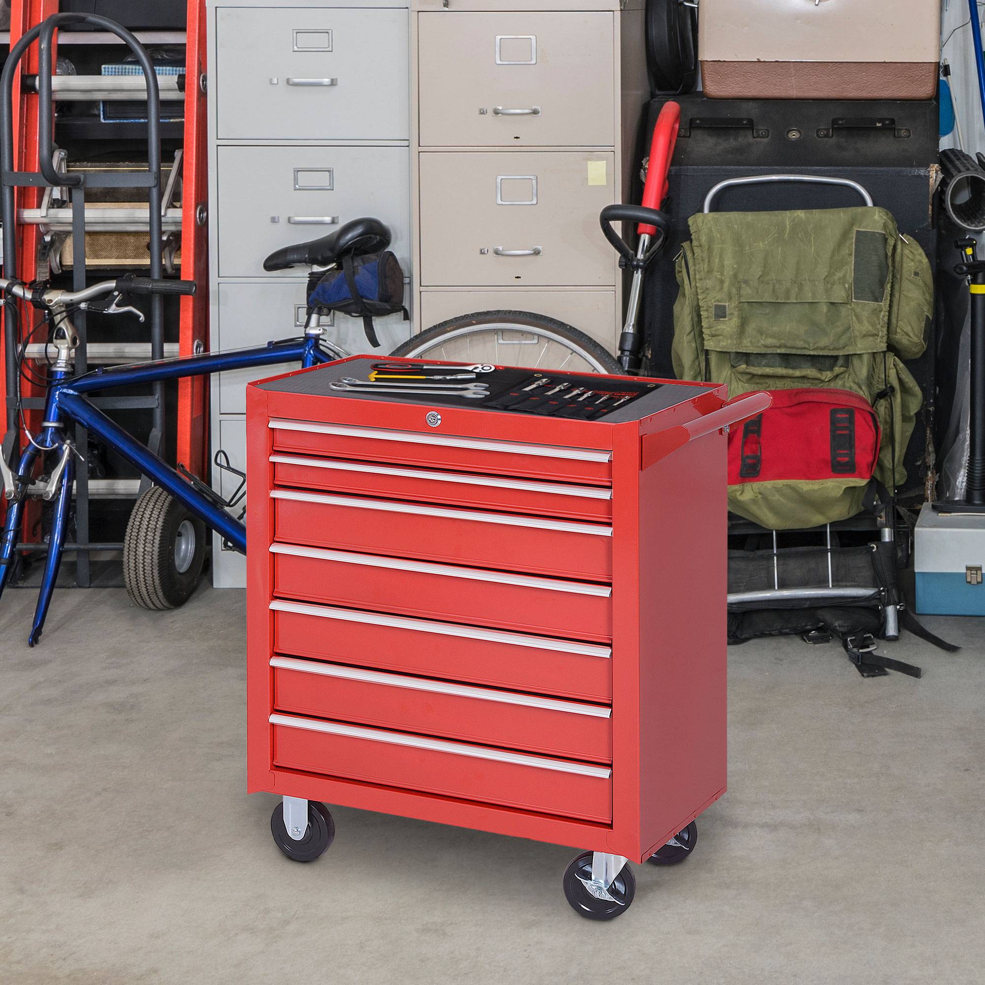 Sans Marque - Chariot outils, 2 petits & 5 grands tiroirs, acier, 150 kg, 69 x 33 x 75 cm, rouge - Image 3