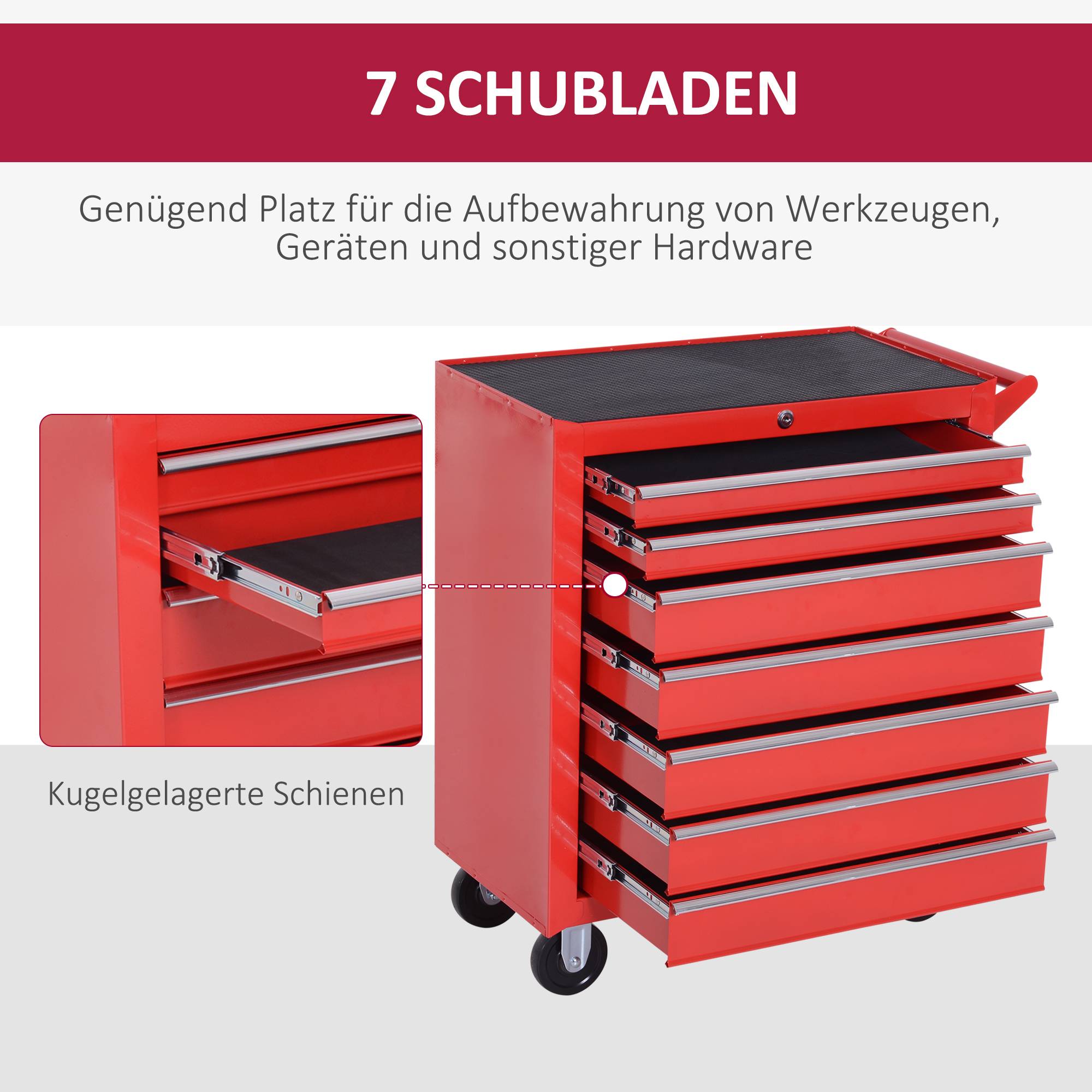 Sans Marque - Chariot outils, 2 petits & 5 grands tiroirs, acier, 150 kg, 69 x 33 x 75 cm, rouge - Image 6