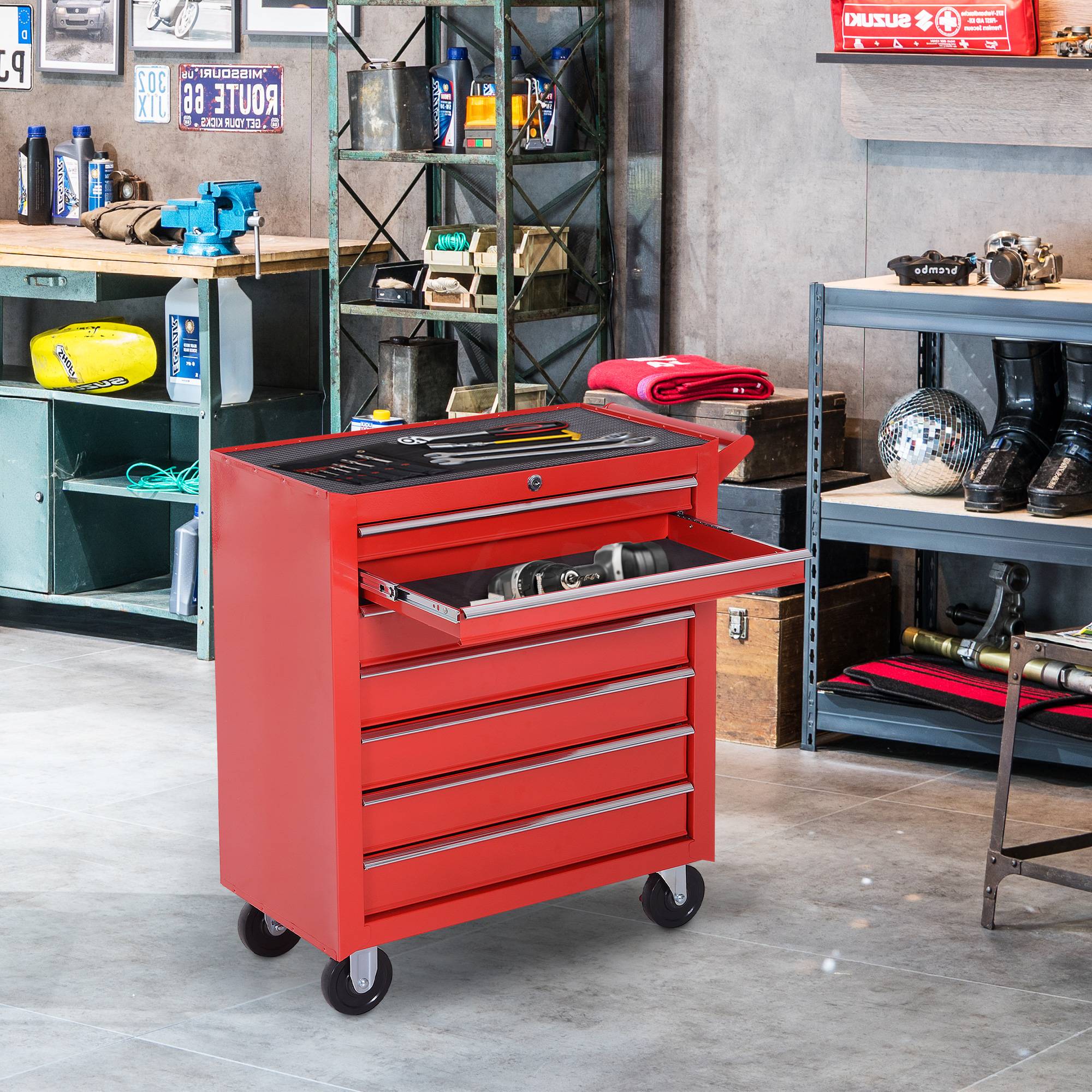 Sans Marque - Chariot outils, 2 petits & 5 grands tiroirs, acier, 150 kg, 69 x 33 x 75 cm, rouge - Image 4