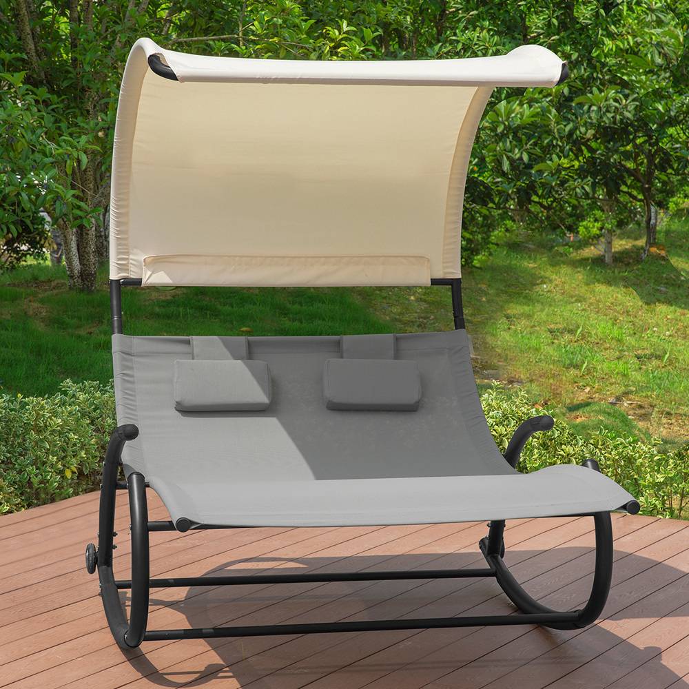 Bain de Soleil Transat à Bascule 2 Places avec Auvent et Assise Dossier Gris L.184 x l.140 x H.180 cm SoBuy - Imagen 2