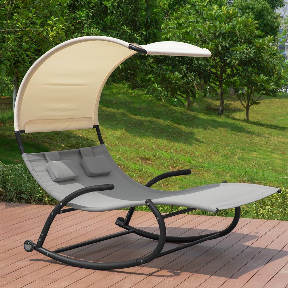 Bain de Soleil Transat à Bascule 2 Places avec Auvent et Assise Dossier Gris L.184 x l.140 x H.180 cm SoBuy - Imagen 9