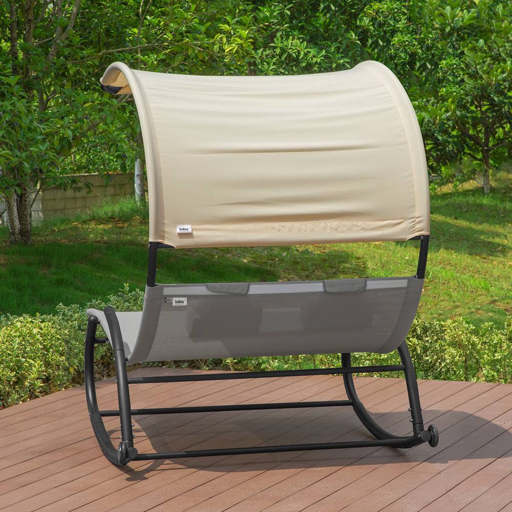 Bain de Soleil Transat à Bascule 2 Places avec Auvent et Assise Dossier Gris L.184 x l.140 x H.180 cm SoBuy - Imagen 10