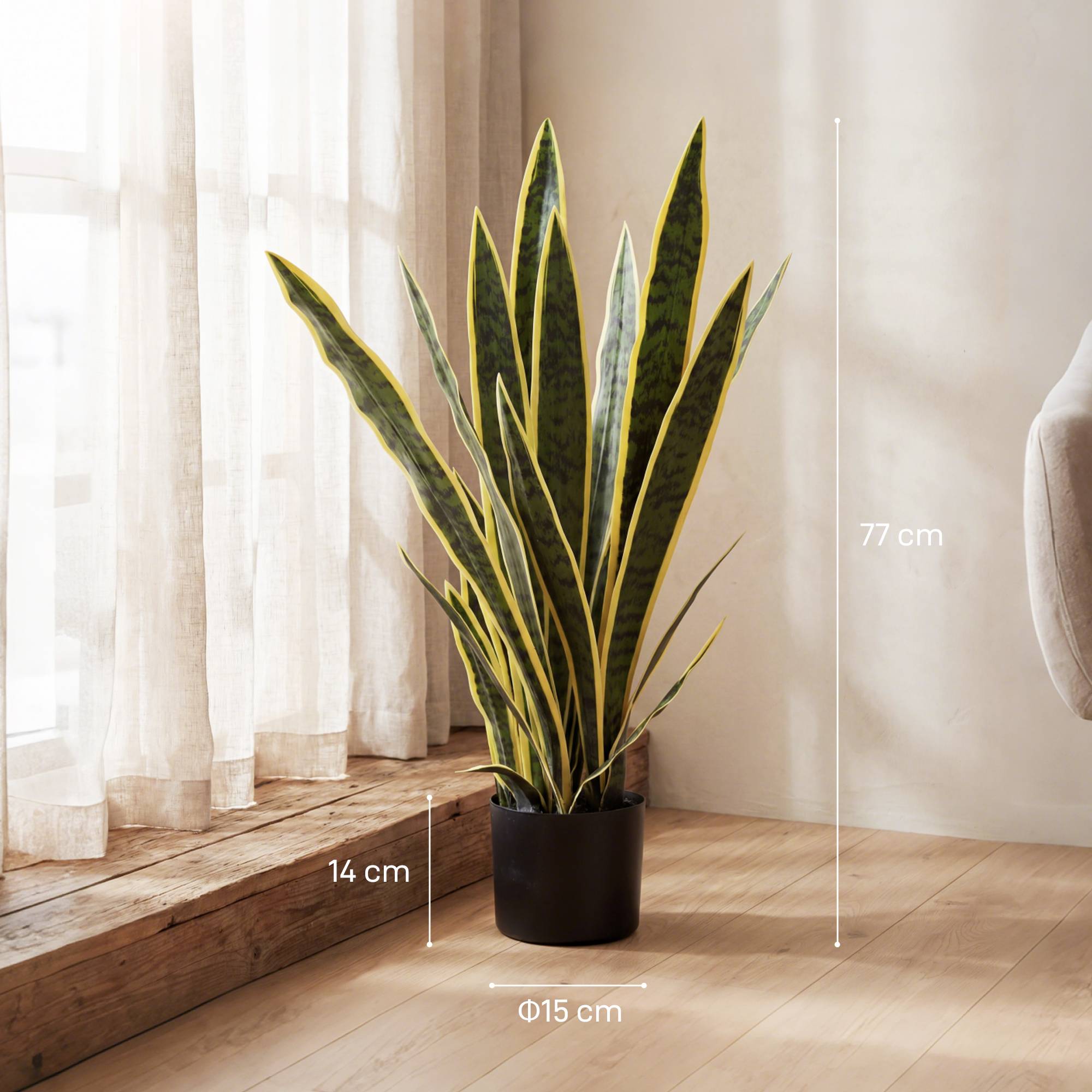 Sansevieria artificielle réaliste avec pot, Ø15cm x 80cm, vert et jaune - Image 5