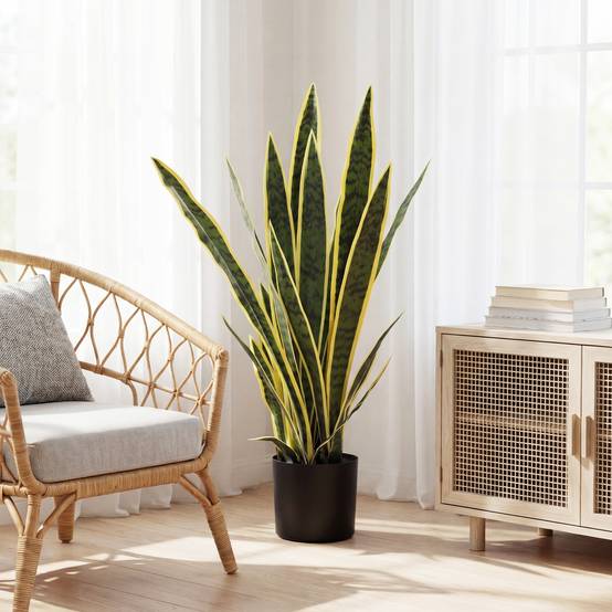 Sansevieria artificielle réaliste avec pot, Ø15cm x 80cm, vert et jaune - Image 4