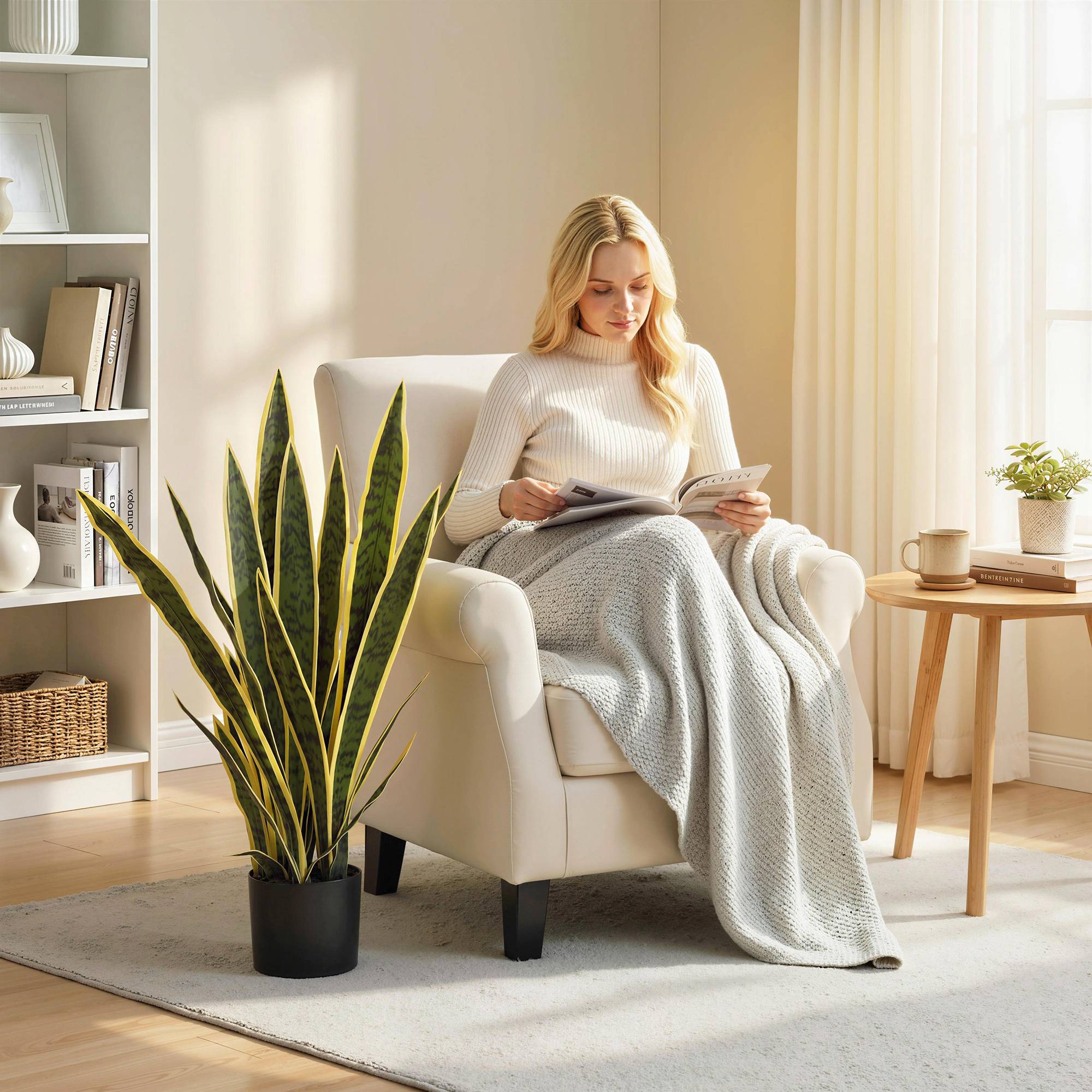 Sansevieria artificielle réaliste avec pot, Ø15cm x 80cm, vert et jaune - Image 10