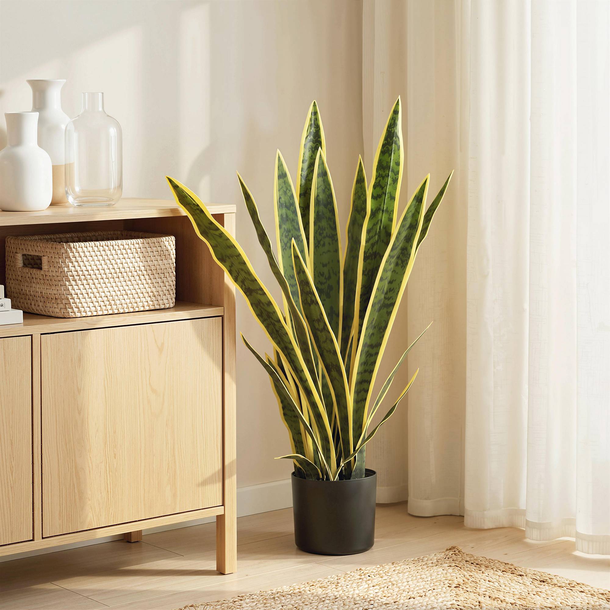 Sansevieria artificielle réaliste avec pot, Ø15cm x 80cm, vert et jaune - Image 3