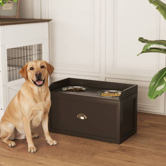 Gamelle surélevée pour grands chiens avec 2 gamelles de 2 litres en acier inoxydable et 1 tiroir, 63 x 30 x 36 cm, marron - Image 4