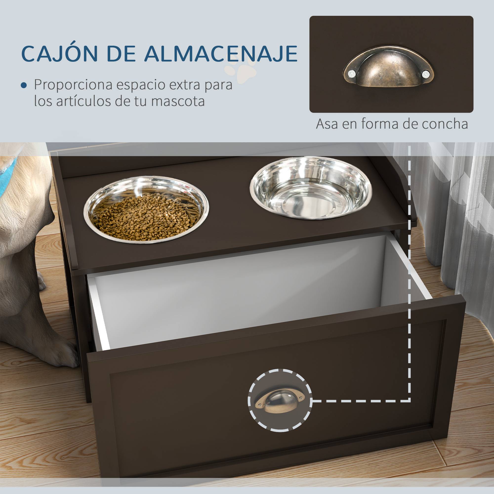 Gamelle surélevée pour grands chiens avec 2 gamelles de 2 litres en acier inoxydable et 1 tiroir, 63 x 30 x 36 cm, marron - Image 7