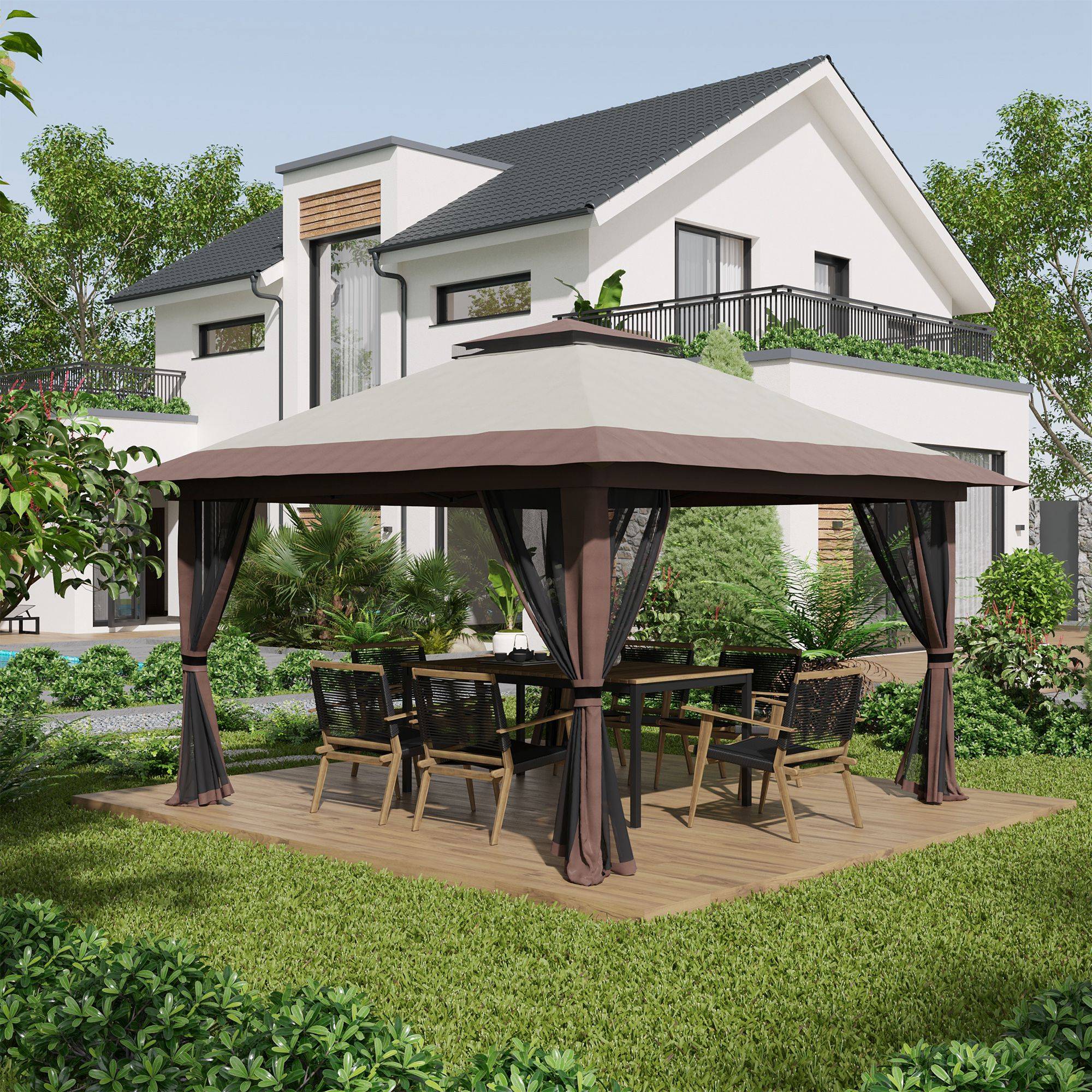 Tonnelle pliante pop-up métal pour jardin hauteur réglable 392x392cm beige - ComfortXL Outdoor Living - Image 3