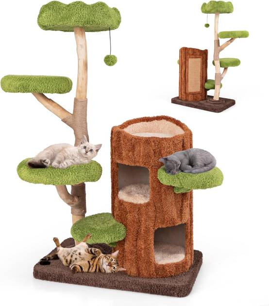 COSTWAY Arbre a Chat Design 141 cm,en Bois,5 Plateformes, Poteaux à Griffer en Jute,Planche à Griffer en Sisal, Pompon Suspendu - Image 1