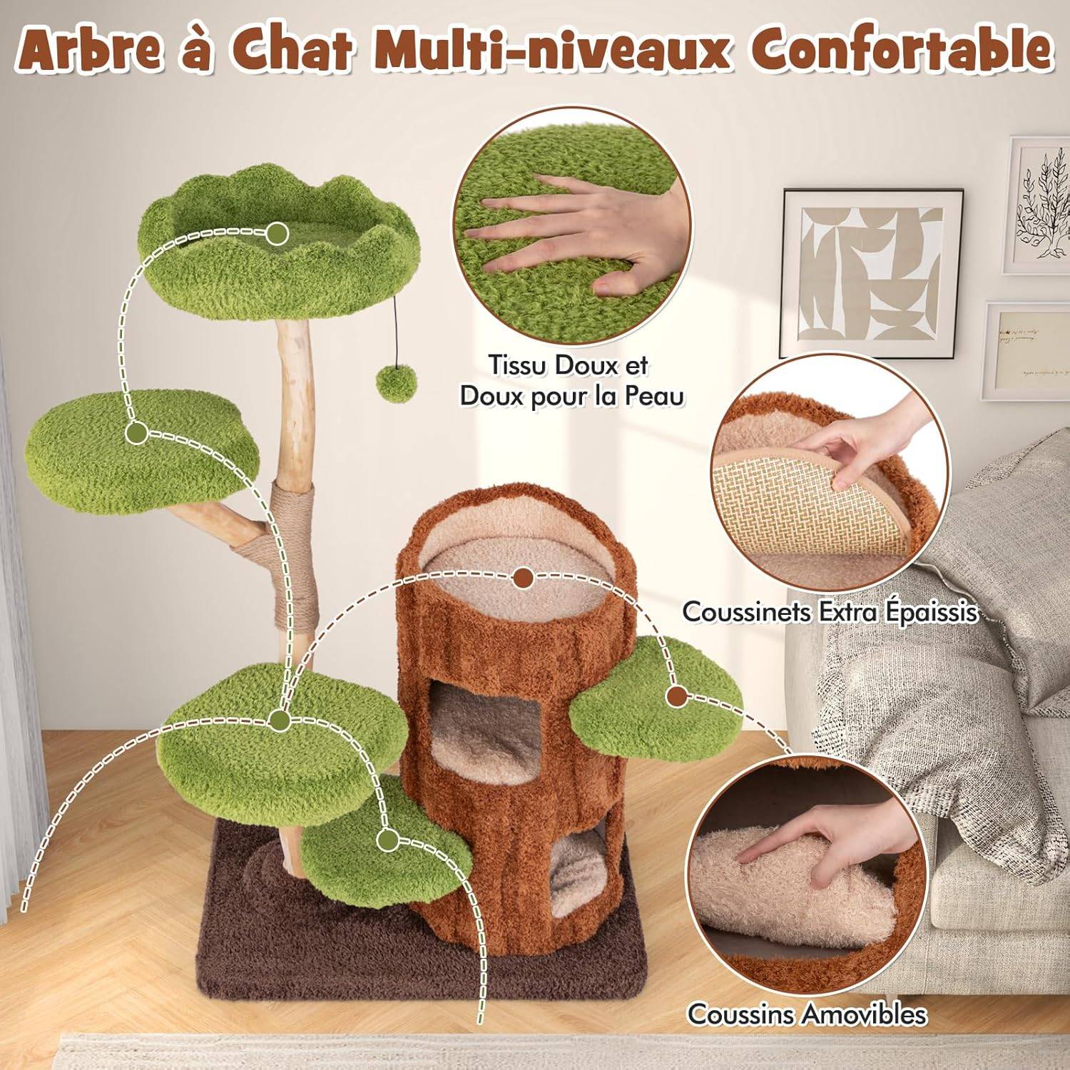 COSTWAY Arbre a Chat Design 141 cm,en Bois,5 Plateformes, Poteaux à Griffer en Jute,Planche à Griffer en Sisal, Pompon Suspendu - Image 7