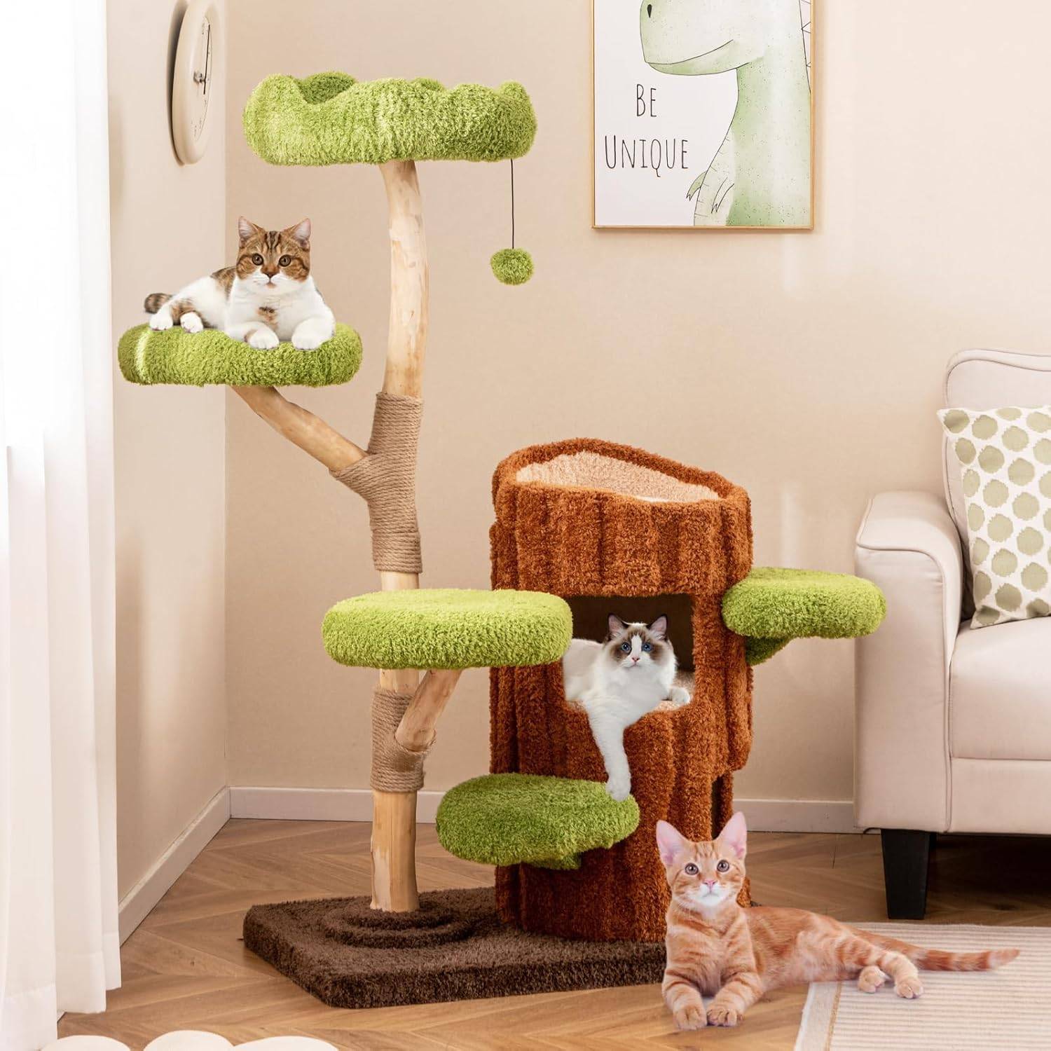 COSTWAY Arbre a Chat Design 141 cm,en Bois,5 Plateformes, Poteaux à Griffer en Jute,Planche à Griffer en Sisal, Pompon Suspendu - Image 2