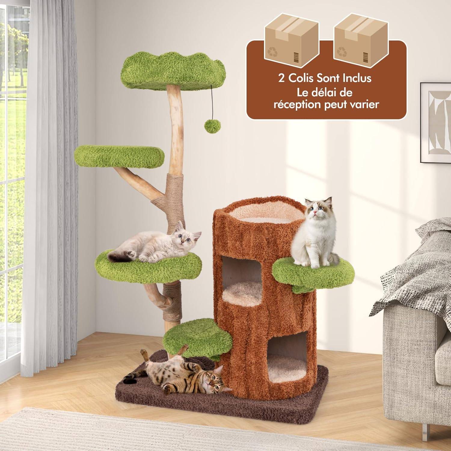 COSTWAY Arbre a Chat Design 141 cm,en Bois,5 Plateformes, Poteaux à Griffer en Jute,Planche à Griffer en Sisal, Pompon Suspendu - Image 8