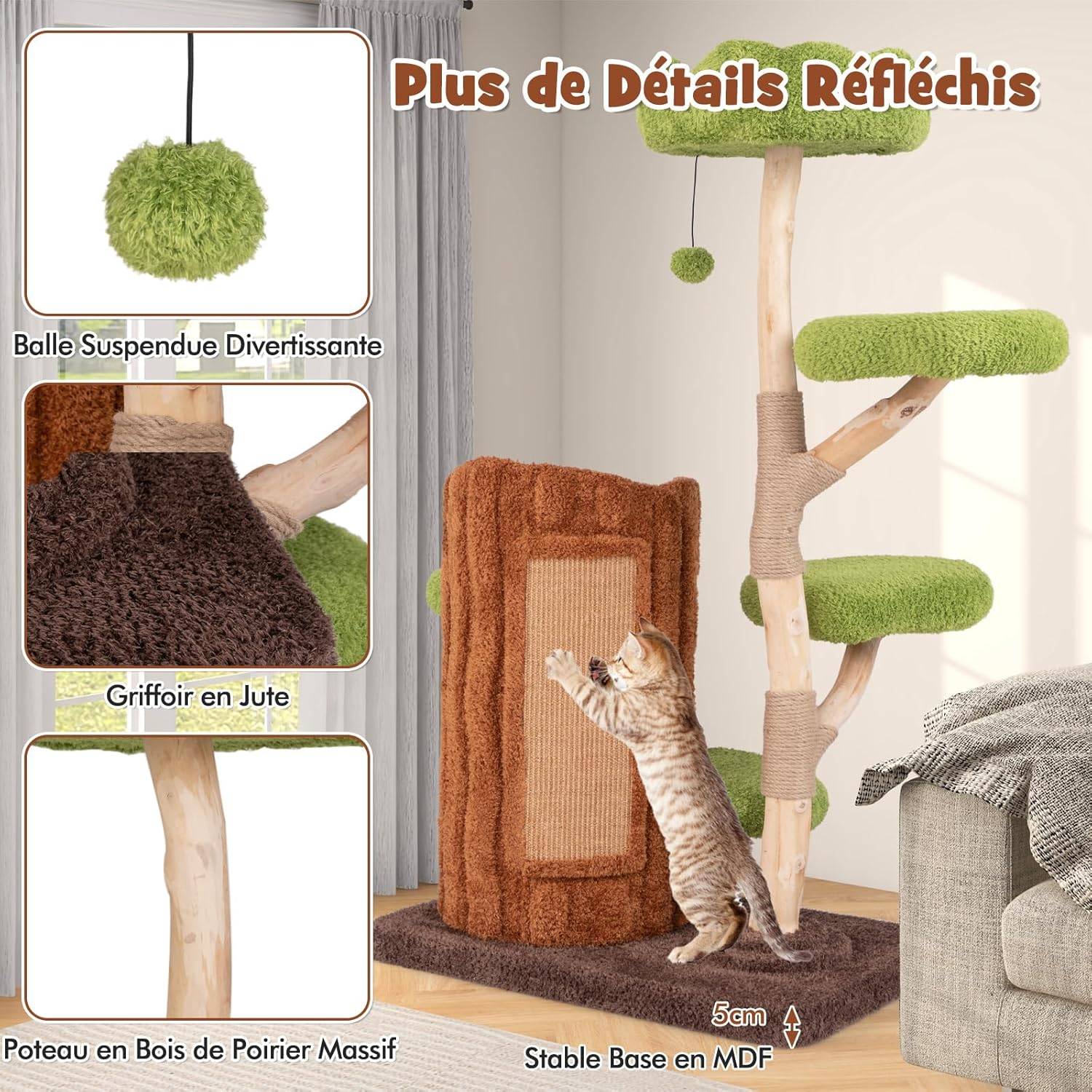 COSTWAY Arbre a Chat Design 141 cm,en Bois,5 Plateformes, Poteaux à Griffer en Jute,Planche à Griffer en Sisal, Pompon Suspendu - Image 5