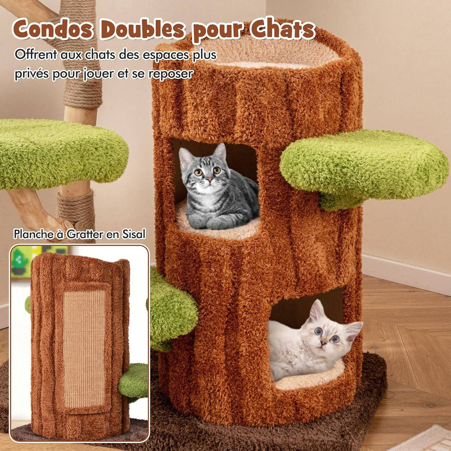 COSTWAY Arbre a Chat Design 141 cm,en Bois,5 Plateformes, Poteaux à Griffer en Jute,Planche à Griffer en Sisal, Pompon Suspendu - Image 4