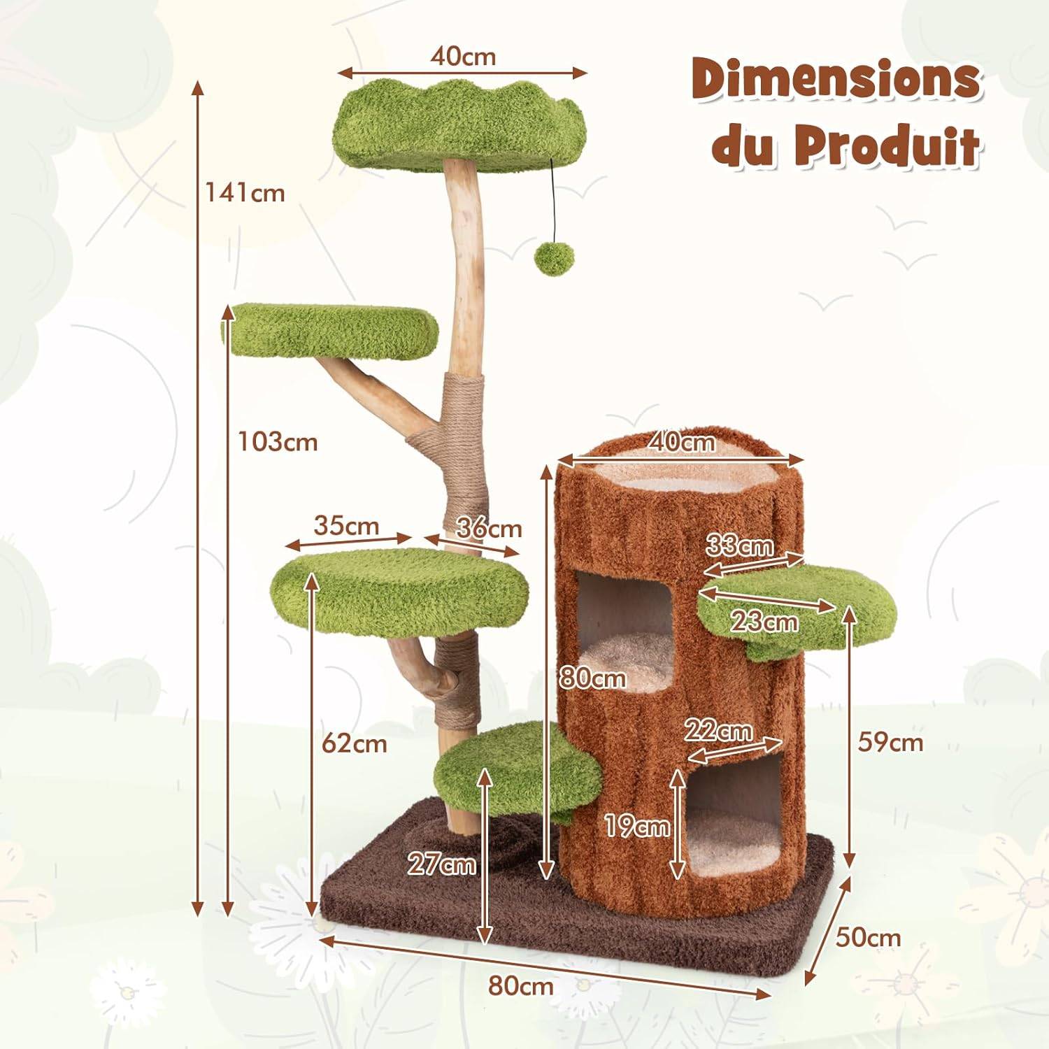 COSTWAY Arbre a Chat Design 141 cm,en Bois,5 Plateformes, Poteaux à Griffer en Jute,Planche à Griffer en Sisal, Pompon Suspendu - Image 3