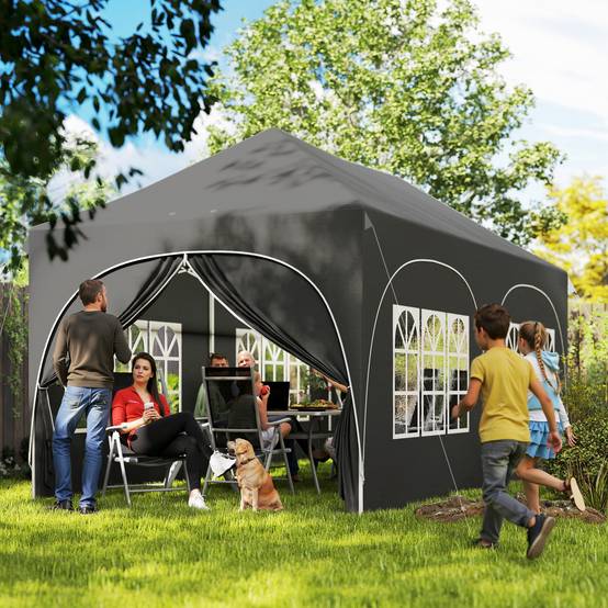 Tonnelle pliante barnum imperméable anti-UV 6 parois latérales 6 sacs de sable 12 trous de drainage 3x6m gris - Image 3