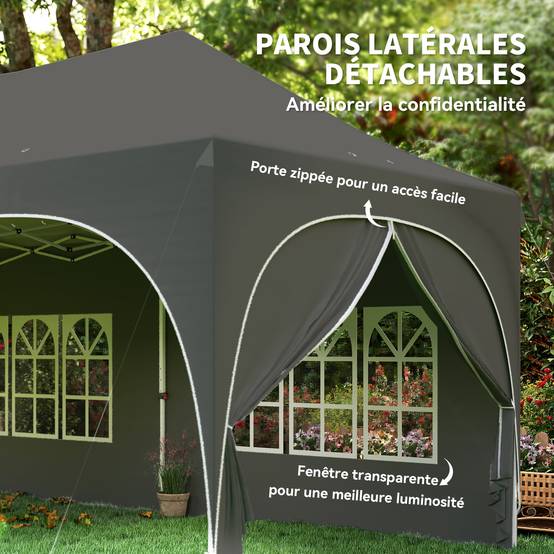 Tonnelle pliante barnum imperméable anti-UV 6 parois latérales 6 sacs de sable 12 trous de drainage 3x6m gris - Image 9