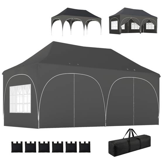 Tonnelle pliante barnum imperméable anti-UV 6 parois latérales 6 sacs de sable 12 trous de drainage 3x6m gris - Image 2