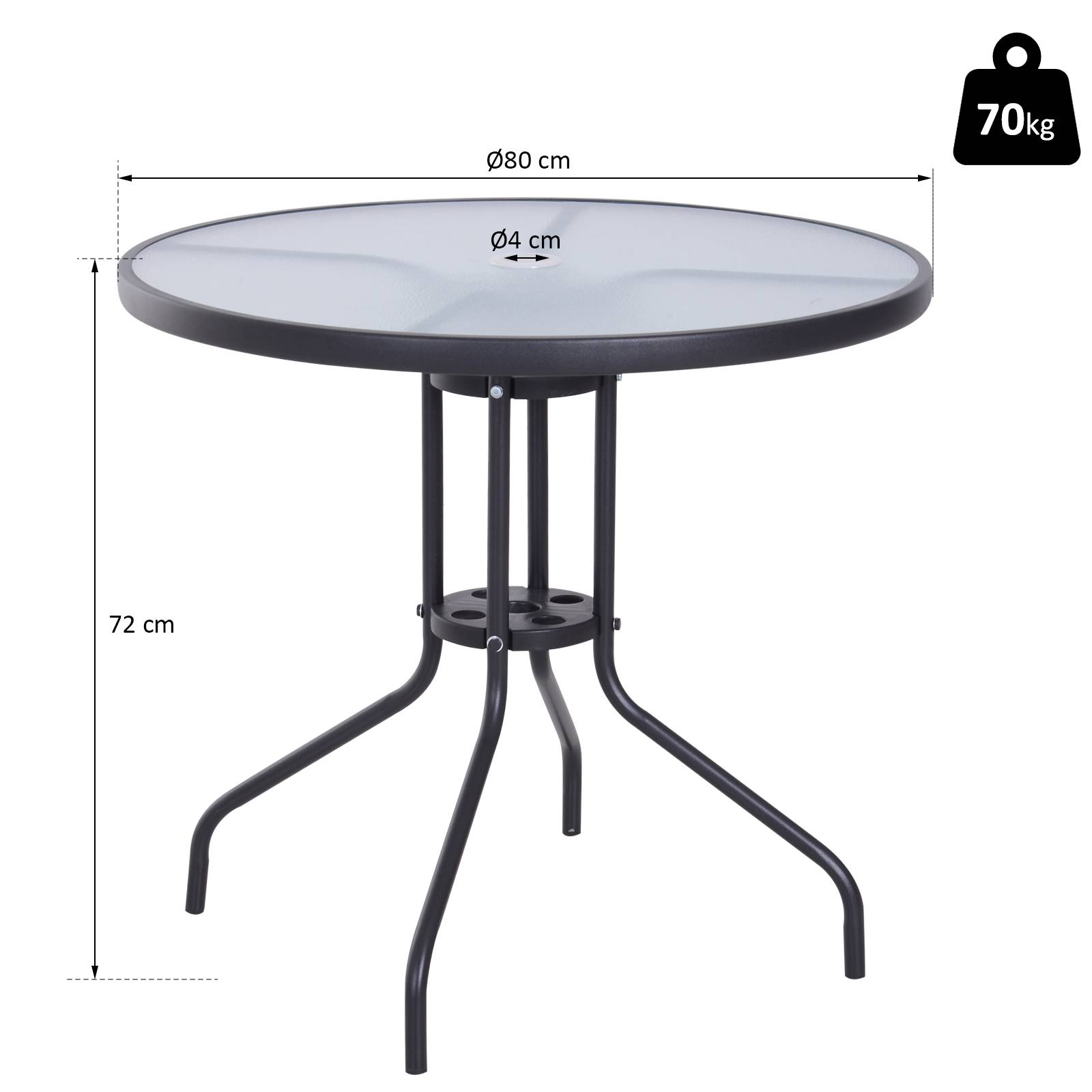 Outsunny - Table ronde bistro de jardin dim. Ø 80 x 72H cm espace installation parasol acier époxy noir plateau verre trempé - Image 3