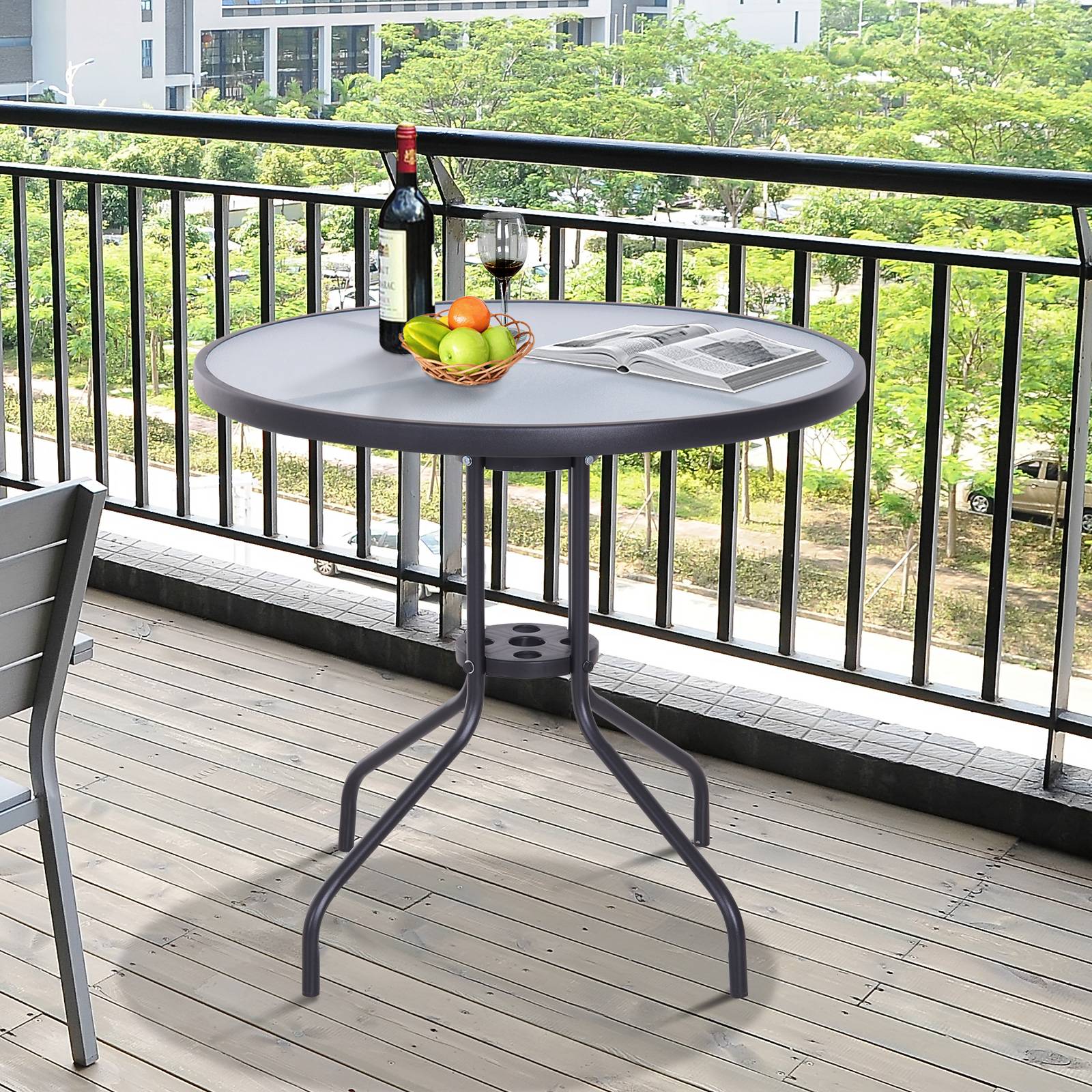 Outsunny - Table ronde bistro de jardin dim. Ø 80 x 72H cm espace installation parasol acier époxy noir plateau verre trempé - Image 2