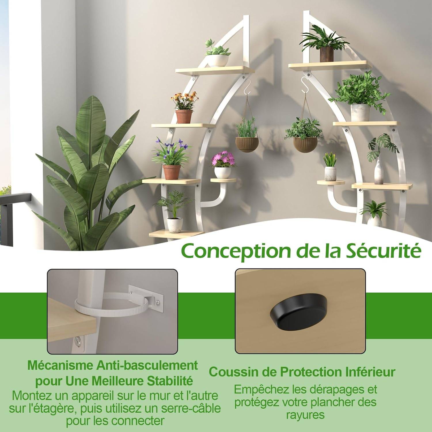 Étagère à Fleurs En Métal à 7 Niveaux Porte Plantes En Forme De Demi-lune Avec Dispositif Anti Renversement 60 X 30 X 155 Cm 91792075