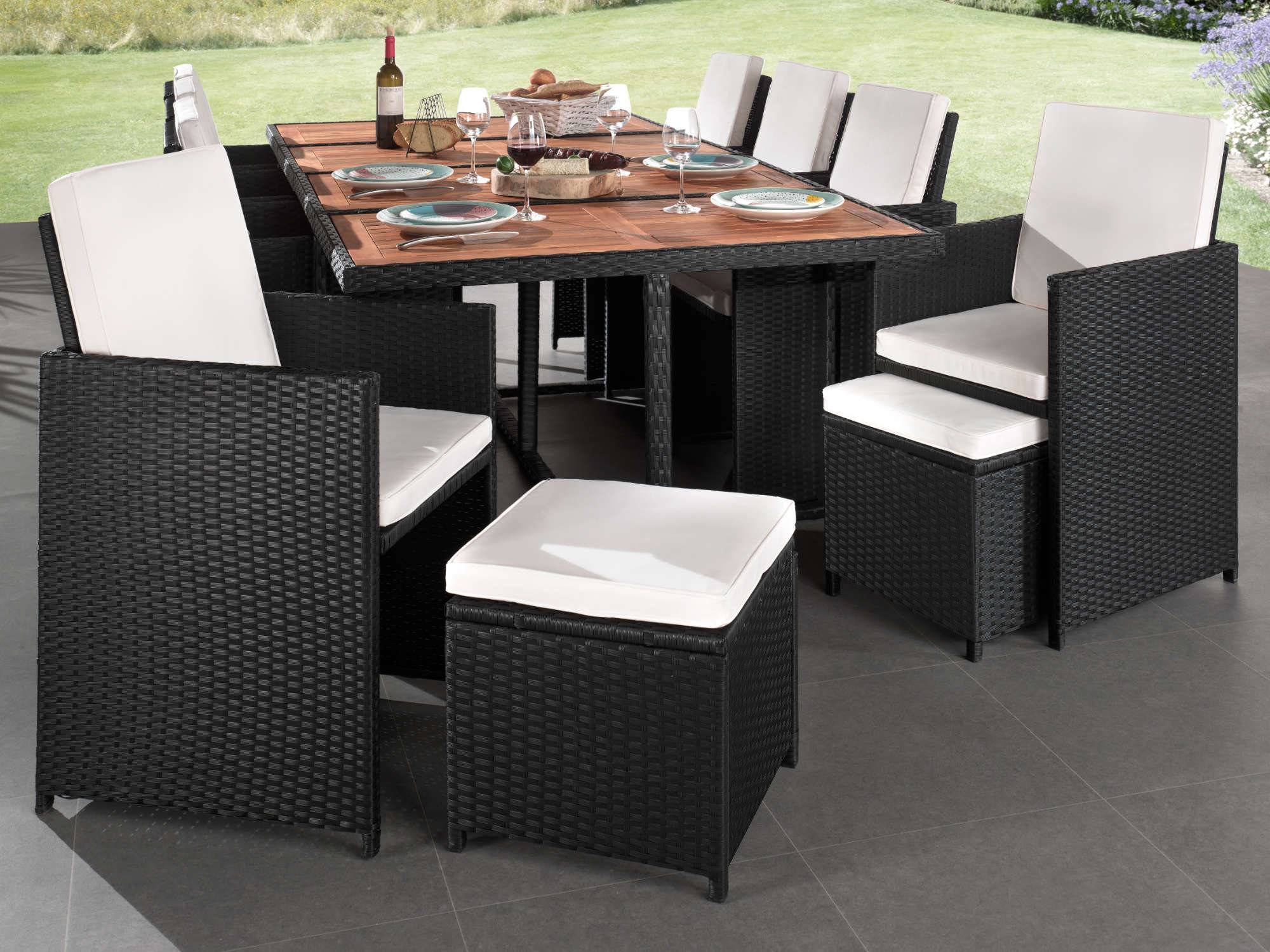 Best Mobilier - Cuba - Salon de jardin encastrable 12 places - en résine tressée - Noir avec coussins beiges + housse de protection - Best Mobilier - Imagen 3