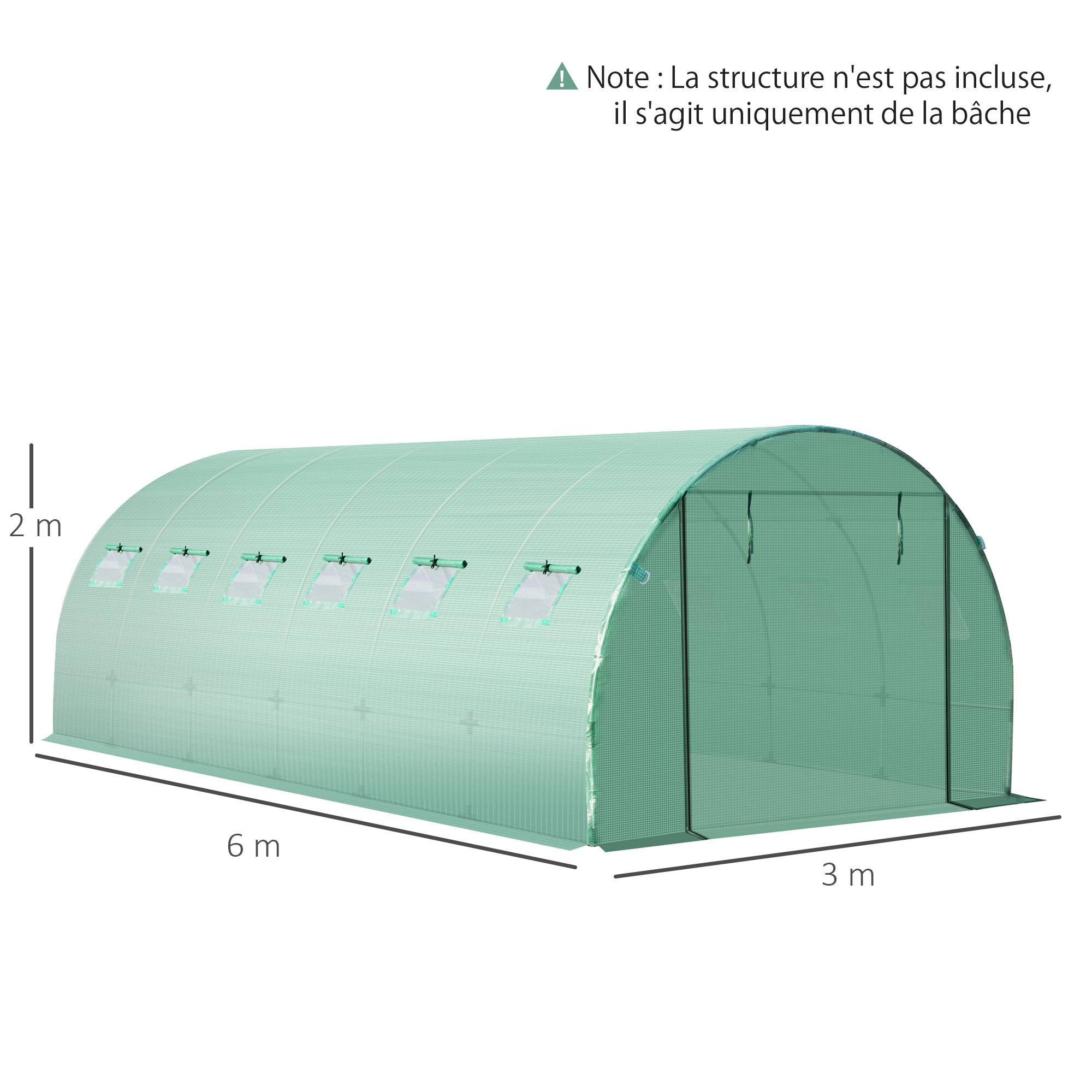 Outsunny - Bâche de rechange serre tunnel 18 m², bâche dim. 6L x 3l x 2H m PE anti-UV imperméable 12 fenêtres + porte enroulable zippée vert - Outsunny - Image 3