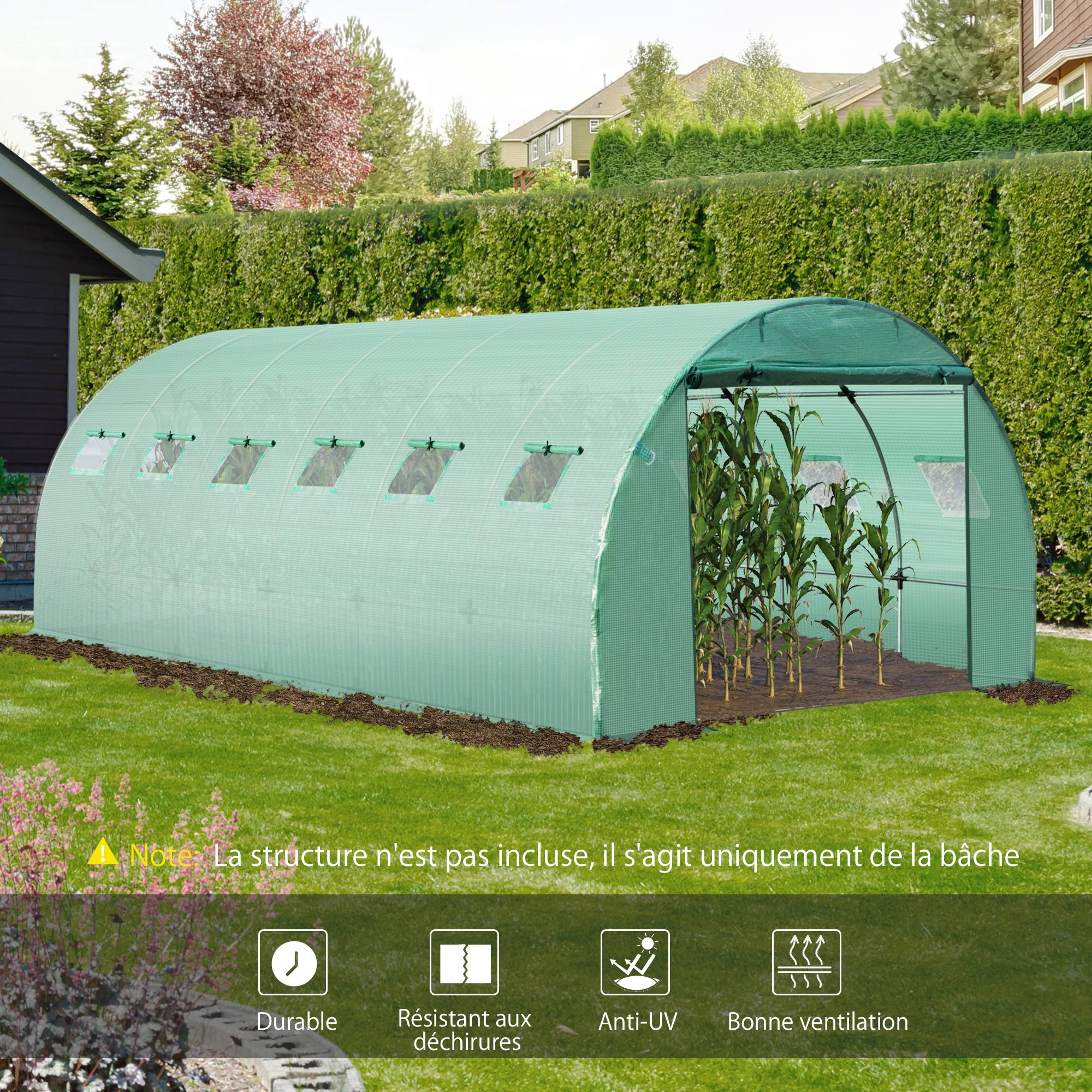 Outsunny - Bâche de rechange serre tunnel 18 m², bâche dim. 6L x 3l x 2H m PE anti-UV imperméable 12 fenêtres + porte enroulable zippée vert - Outsunny - Image 4