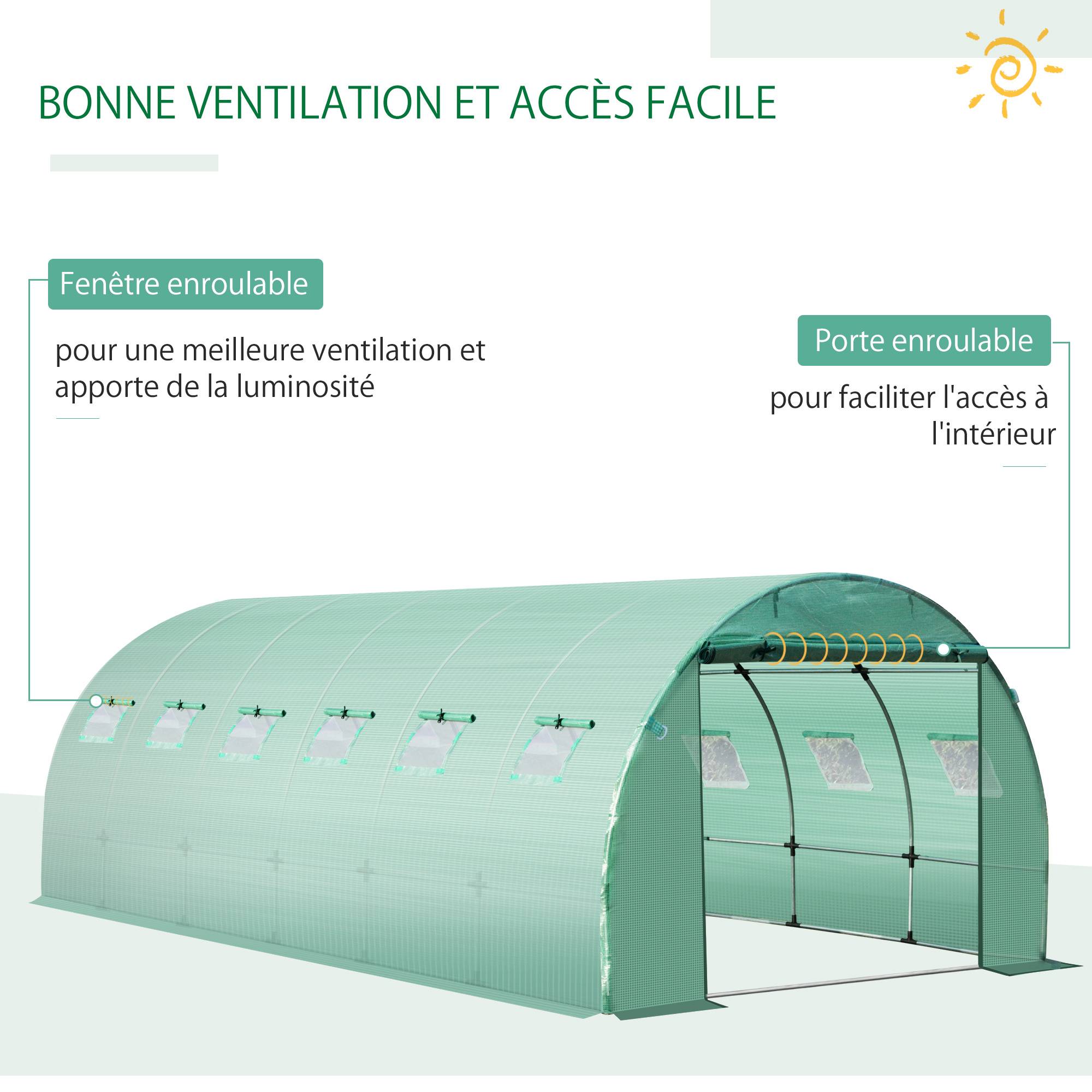 Outsunny - Bâche de rechange serre tunnel 18 m², bâche dim. 6L x 3l x 2H m PE anti-UV imperméable 12 fenêtres + porte enroulable zippée vert - Outsunny - Image 5