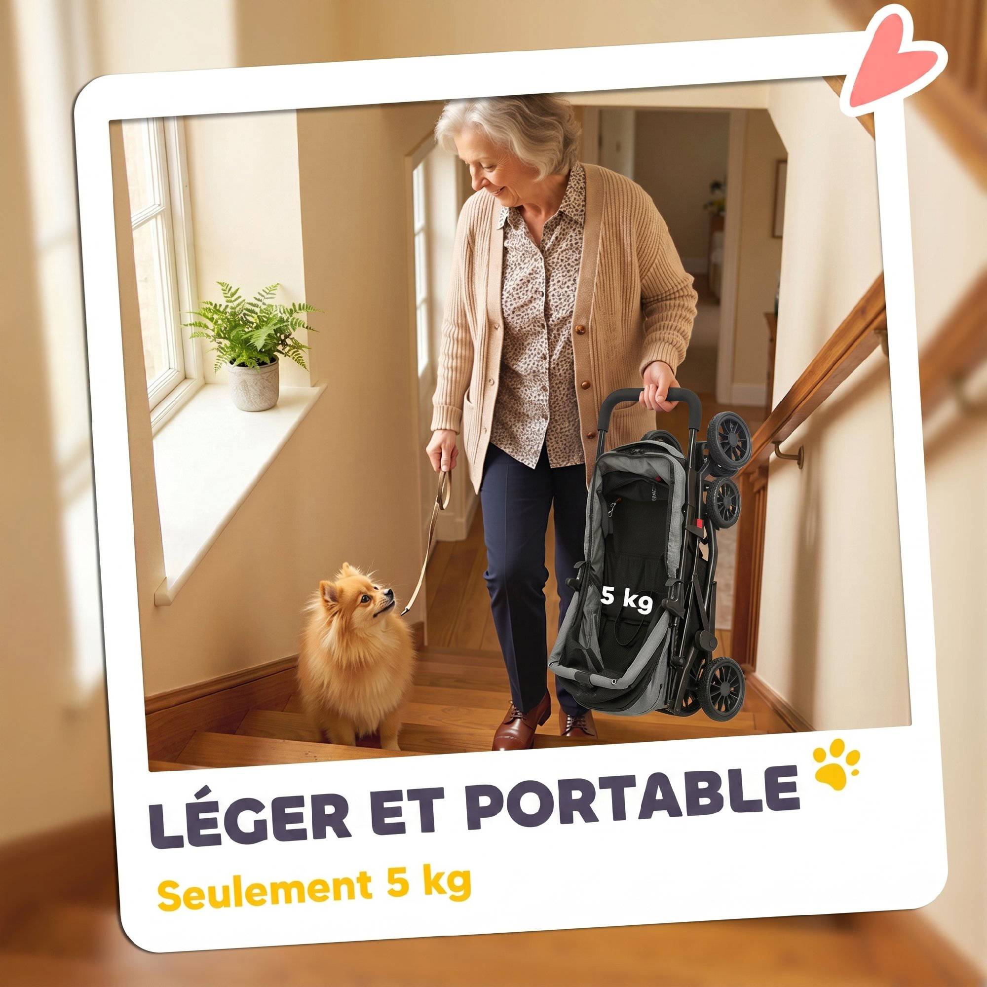 Poussette pour Chien Pliable, 4 Roues EVA, Fenêtres en Maille, Laisses de Sécurité, Coussin Amovible, 73x50x96cm, Gris - Image 7