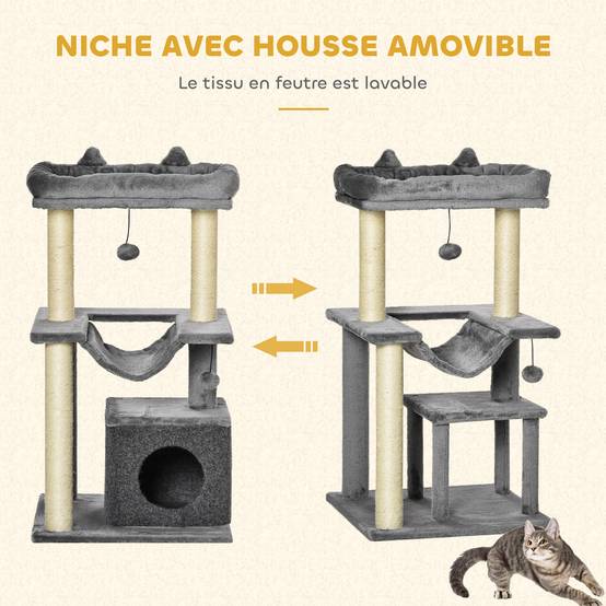 Arbre à chat Peluche douce Pour chats d'intérieur Repos et jeu 90cm Gris - ComfortXL Outdoor Living - Image 8