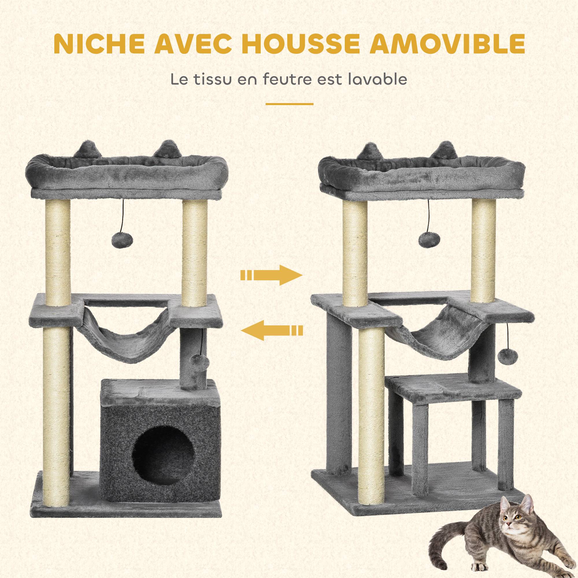 Arbre à chat Peluche douce Pour chats d'intérieur Repos et jeu 90cm Gris - ComfortXL Outdoor Living - Image 8
