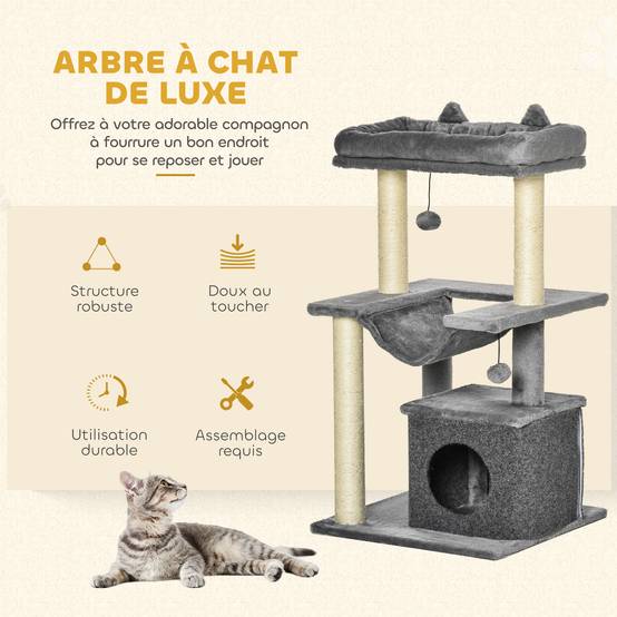 Arbre à chat Peluche douce Pour chats d'intérieur Repos et jeu 90cm Gris - ComfortXL Outdoor Living - Image 6