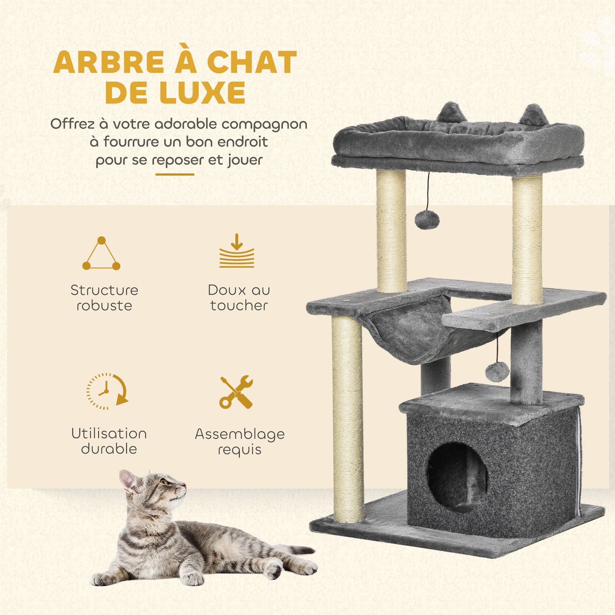 Arbre à chat Peluche douce Pour chats d'intérieur Repos et jeu 90cm Gris - ComfortXL Outdoor Living - Image 6