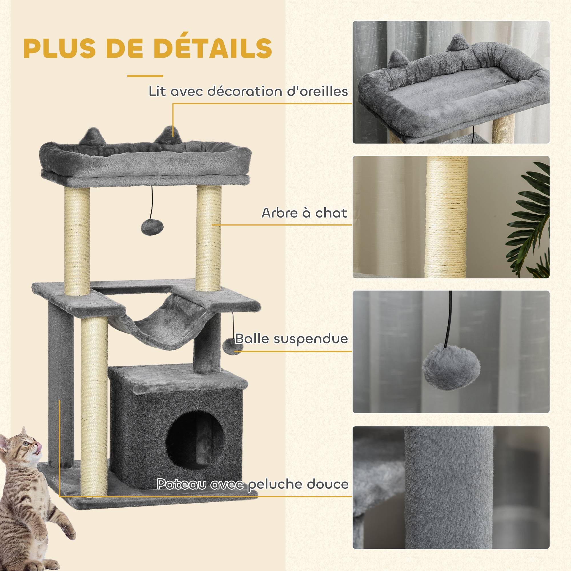Arbre à chat Peluche douce Pour chats d'intérieur Repos et jeu 90cm Gris - ComfortXL Outdoor Living - Image 9