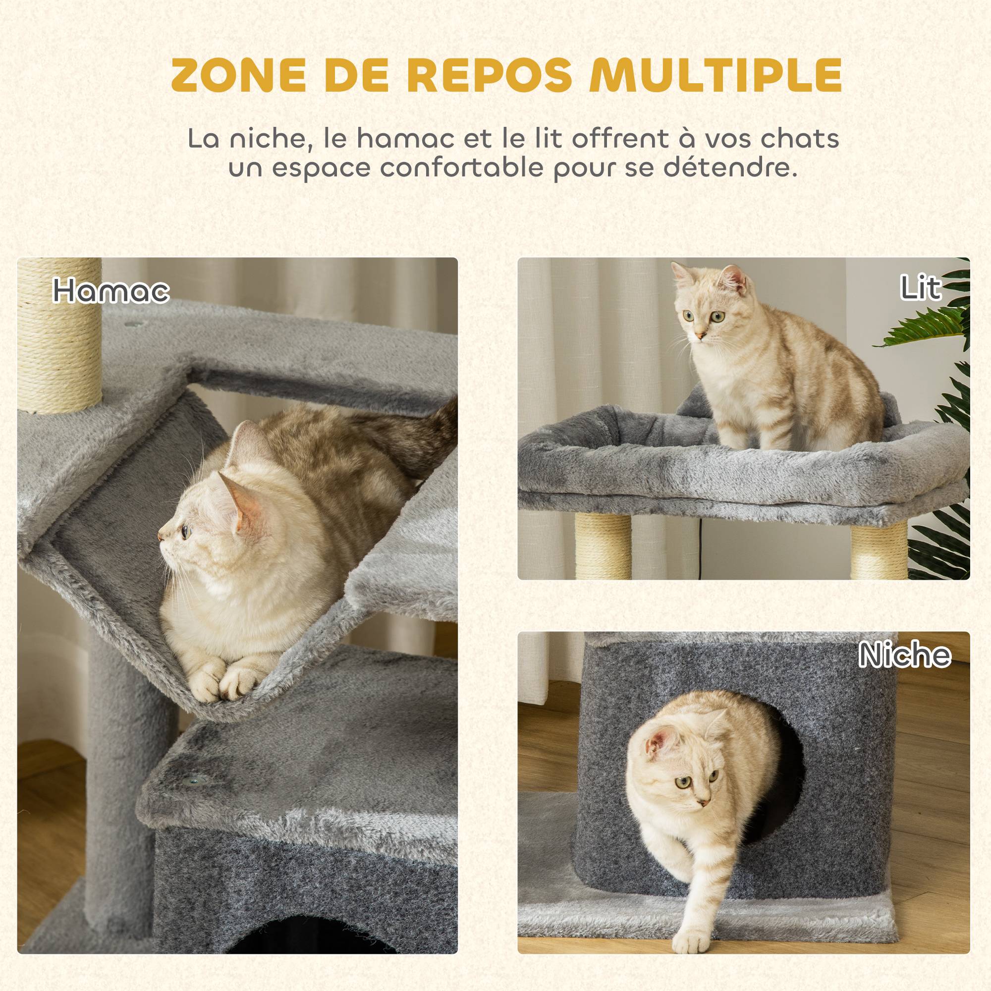 Arbre à chat Peluche douce Pour chats d'intérieur Repos et jeu 90cm Gris - ComfortXL Outdoor Living - Image 7