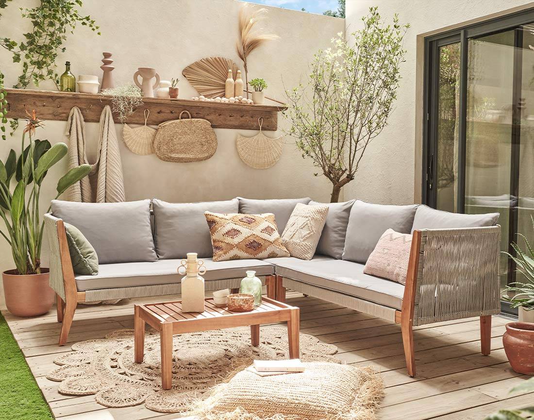 Best Mobilier - Papua - salon bas de jardin 5 places - bois, corde et coussins gris - Best Mobilier - Imagen 2