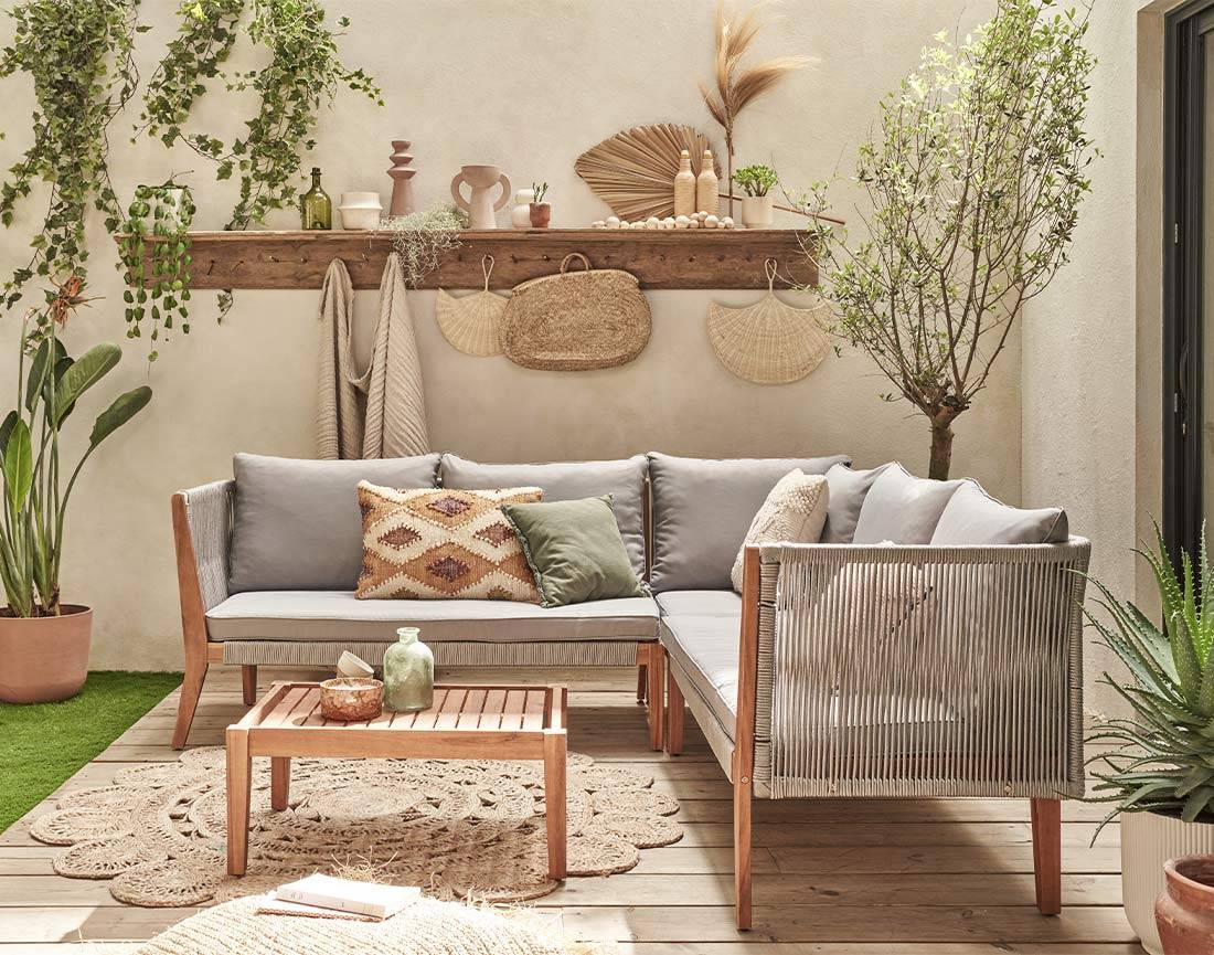 Best Mobilier - Papua - salon bas de jardin 5 places - bois, corde et coussins gris - Best Mobilier - Imagen 3