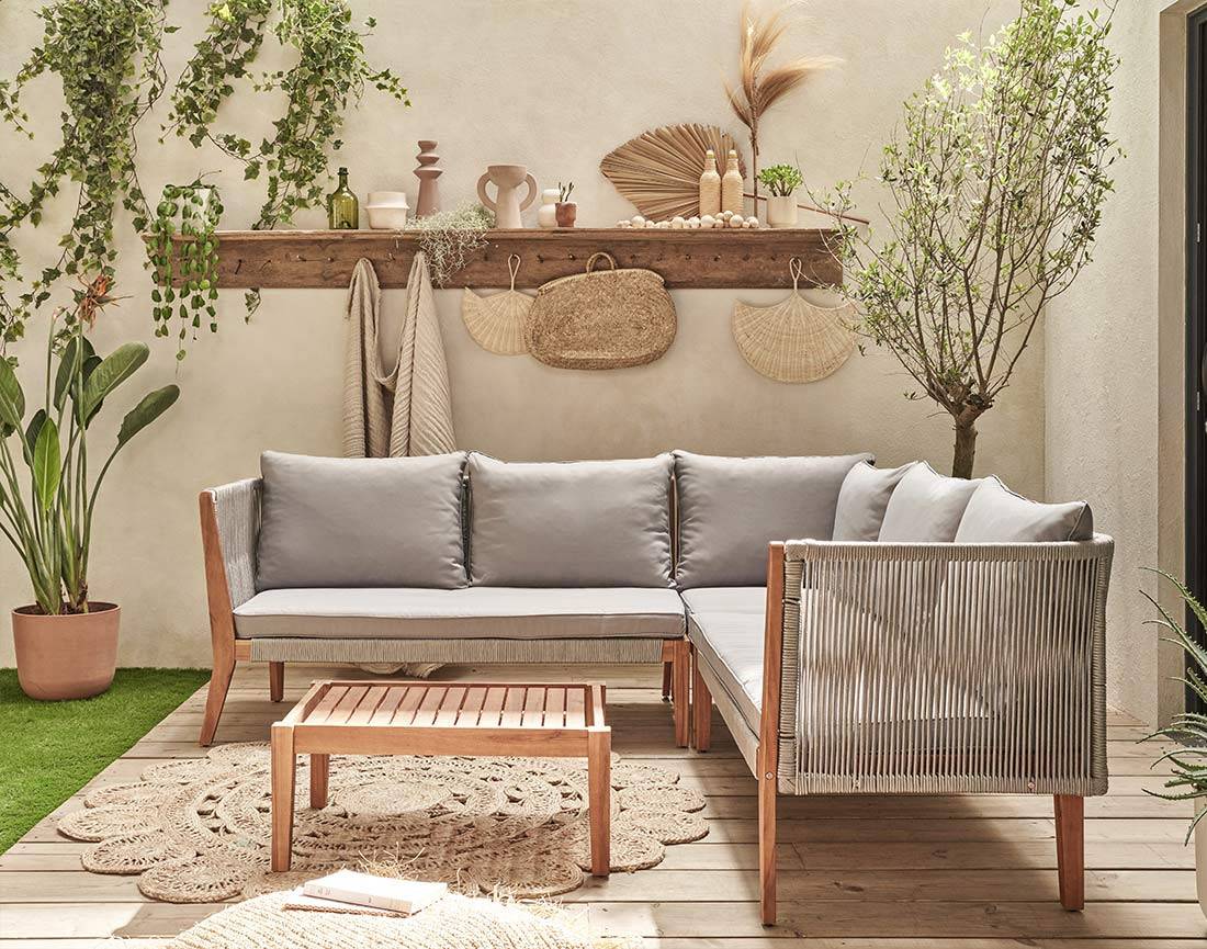 Best Mobilier - Papua - salon bas de jardin 5 places - bois, corde et coussins gris - Best Mobilier - Imagen 7