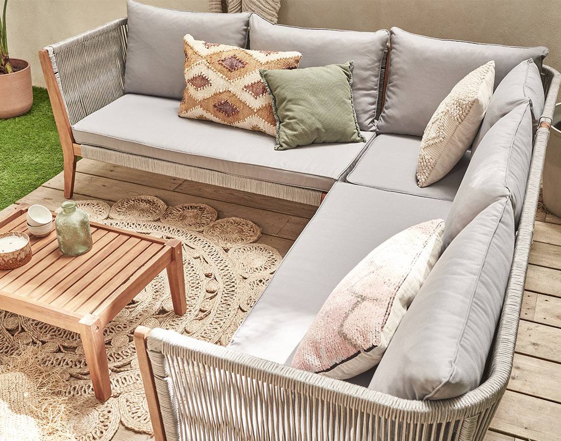 Best Mobilier - Papua - salon bas de jardin 5 places - bois, corde et coussins gris - Best Mobilier - Imagen 4