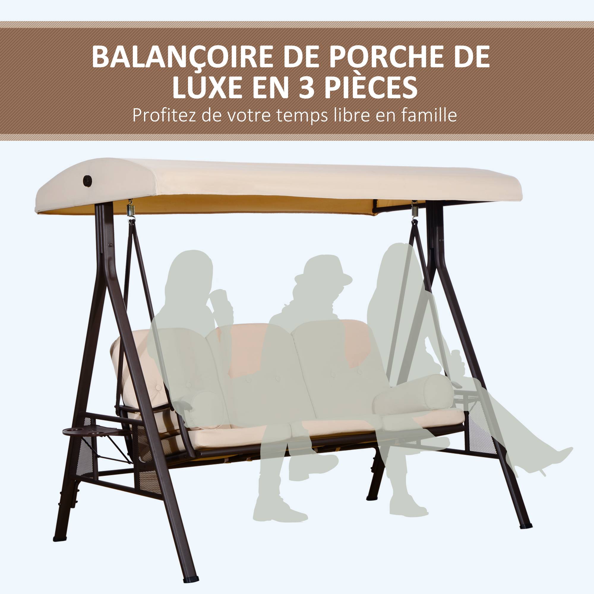 Balancelle 3 places métal patio toit inclinable grand confort 208x172cm noir - ComfortXL Outdoor Living - Image 9