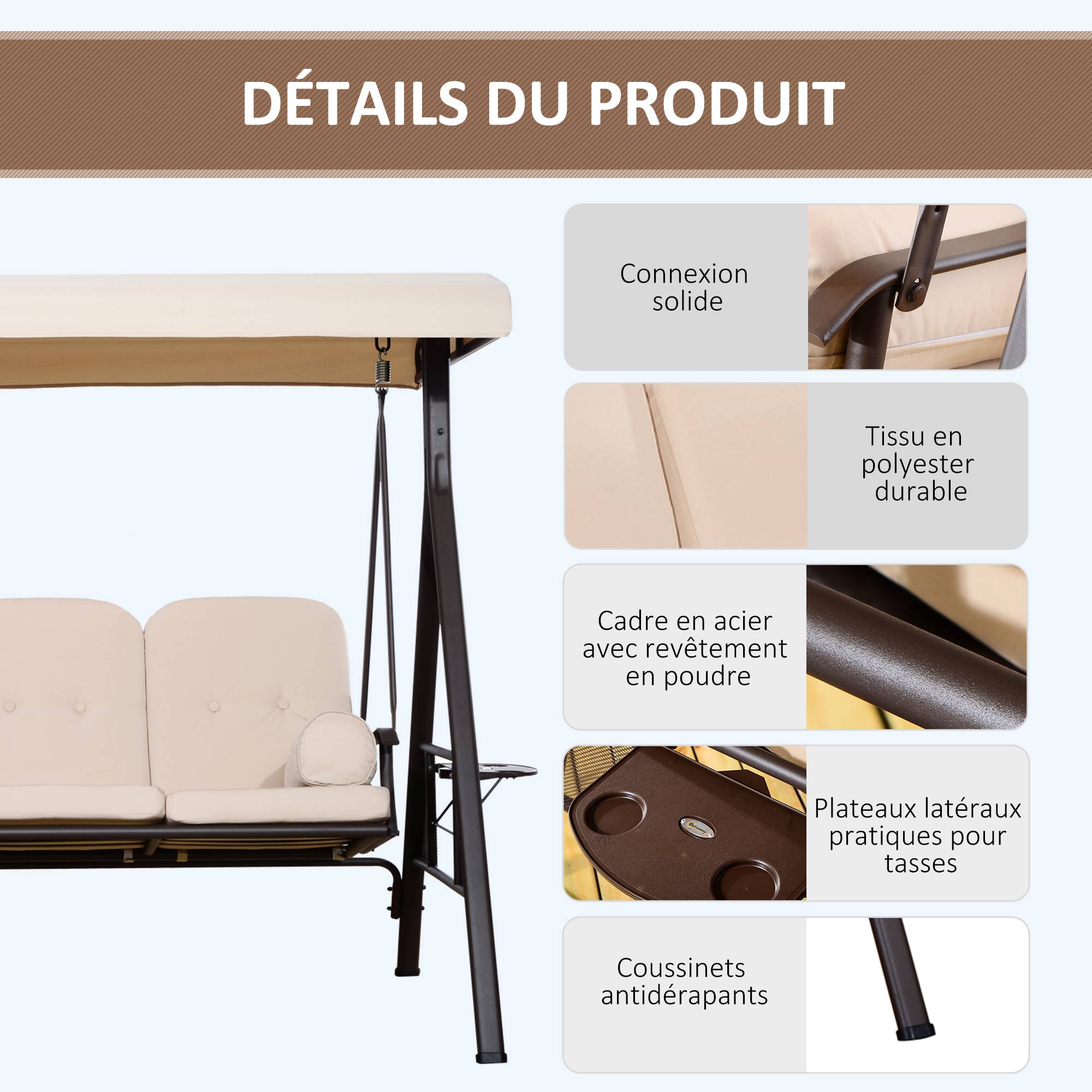 Balancelle 3 places métal patio toit inclinable grand confort 208x172cm noir - ComfortXL Outdoor Living - Image 7