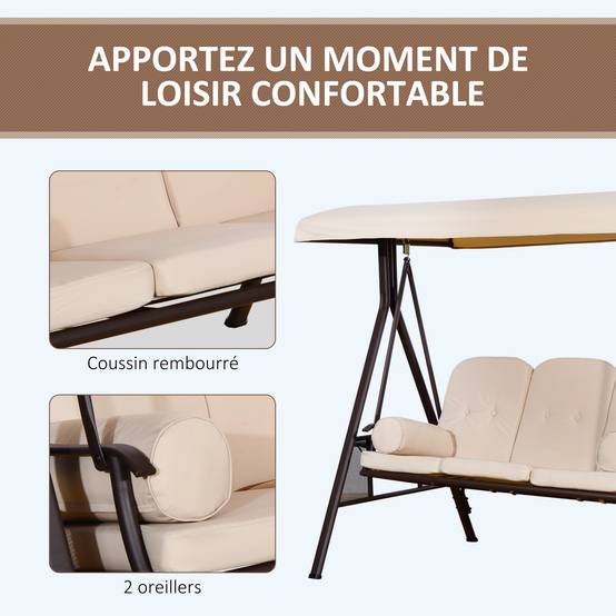 Balancelle 3 places métal patio toit inclinable grand confort 208x172cm noir - ComfortXL Outdoor Living - Image 8