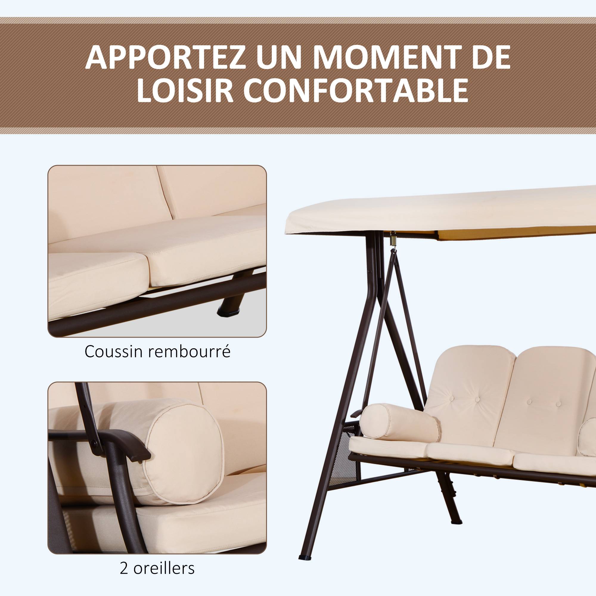 Balancelle 3 places métal patio toit inclinable grand confort 208x172cm noir - ComfortXL Outdoor Living - Image 8